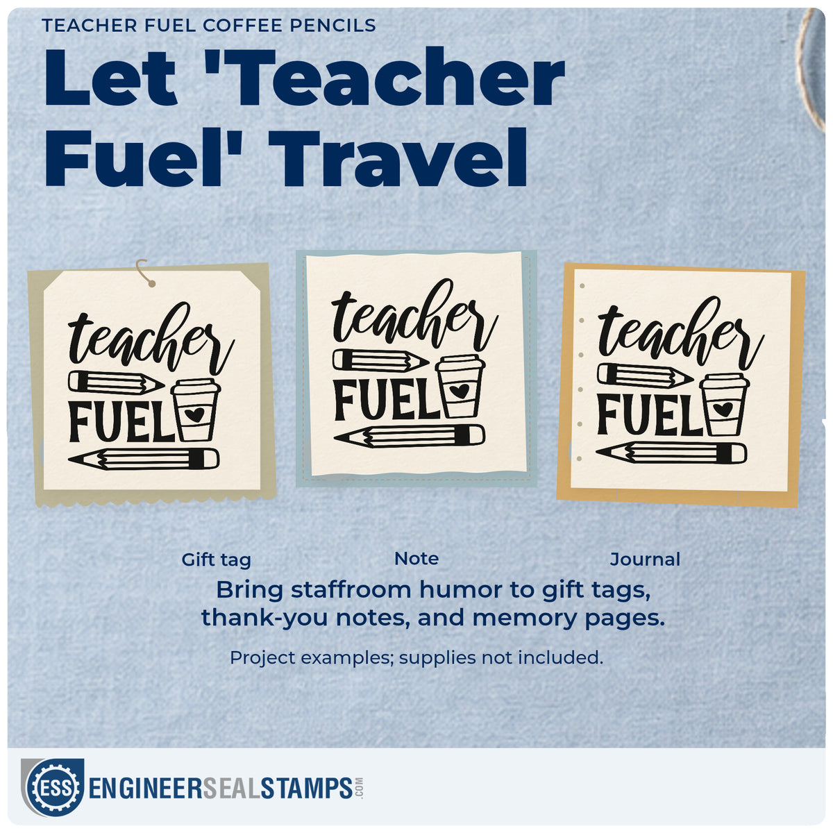Three project examples made with the Teacher Fuel Coffee Pencils With Hearts Rubber Stamp – Duo Hand, including coffee tin labels.