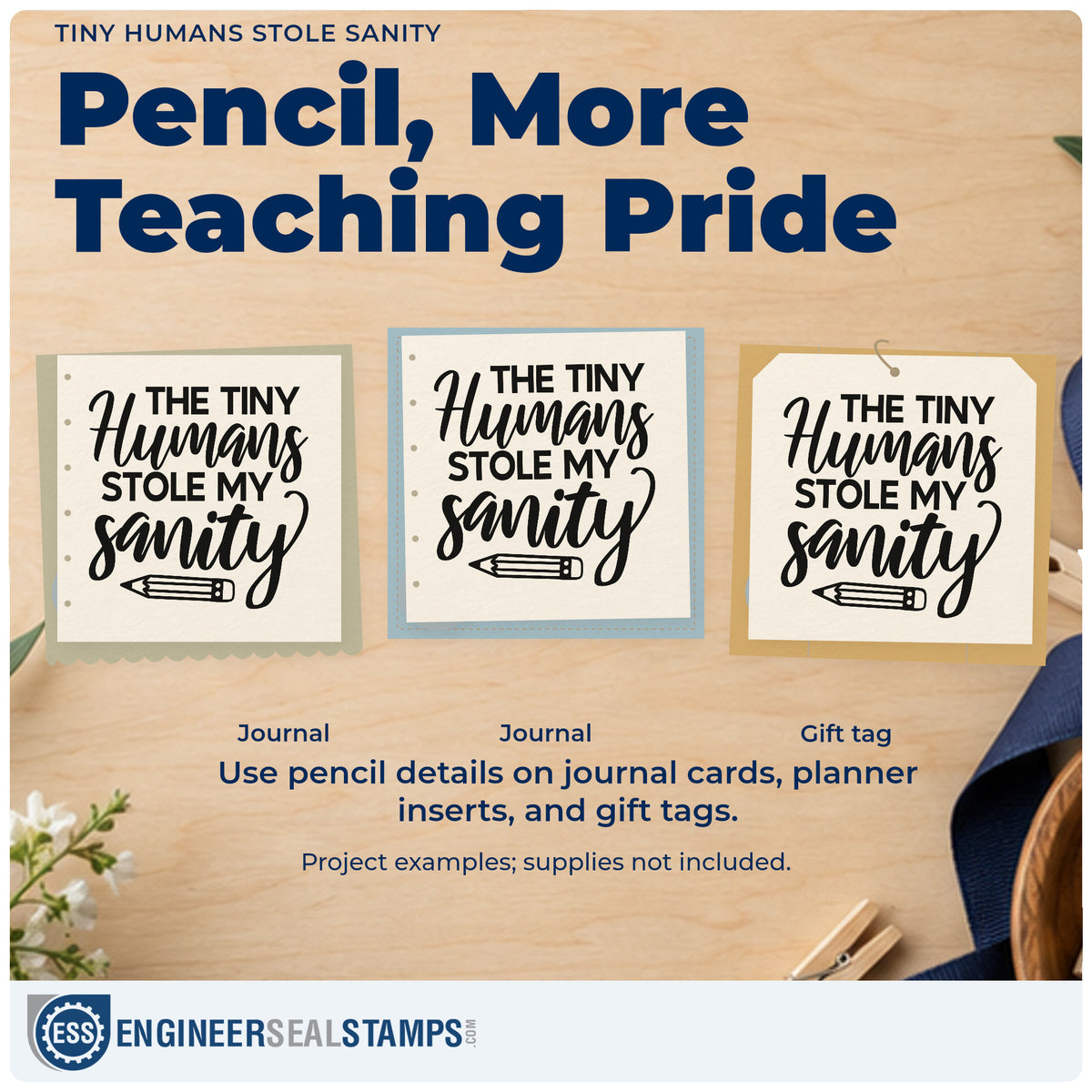 Three project examples made with the Tiny Humans Stole Sanity Rubber Stamp – Wood Handle, including prize chest labels.