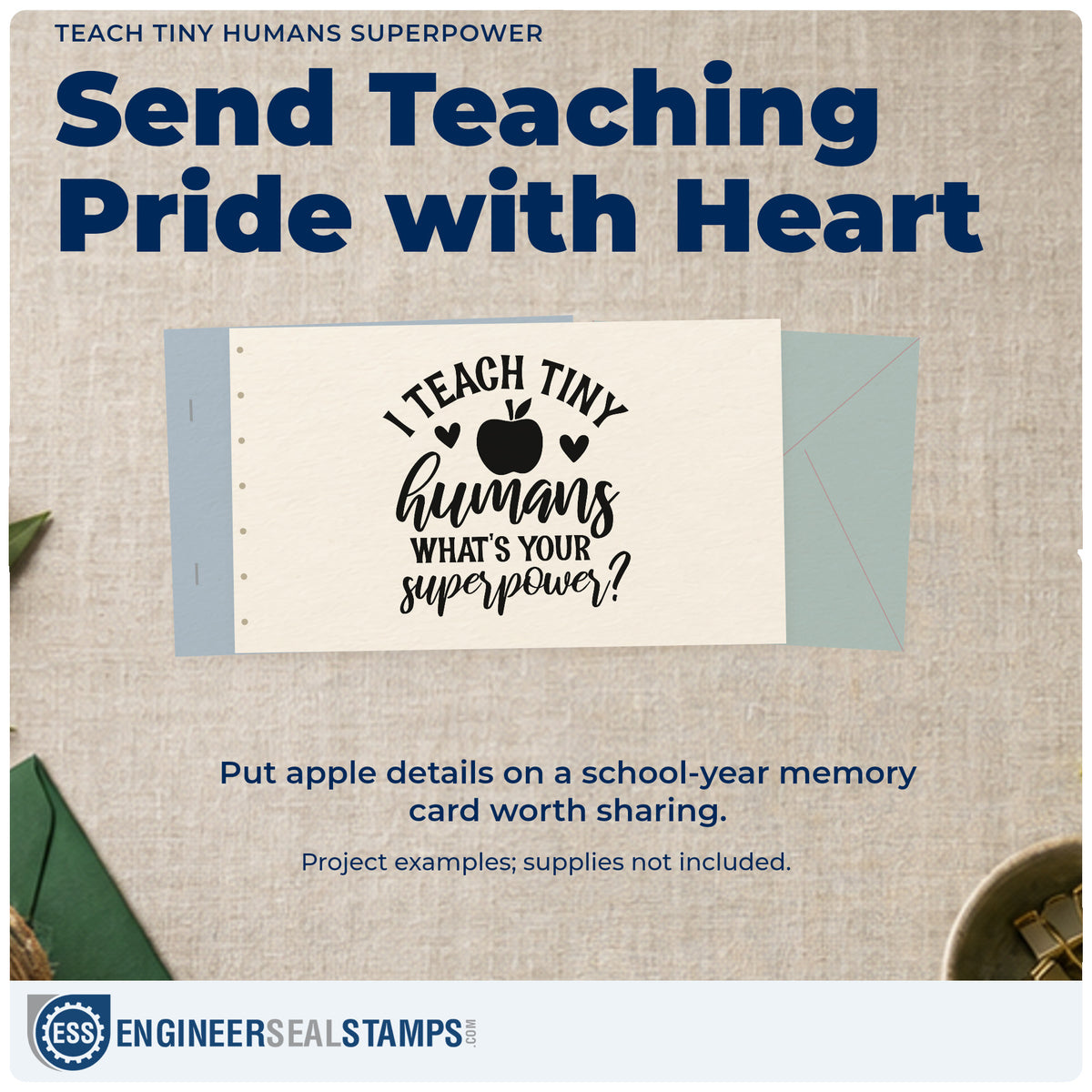 A finished handmade project stamped with the I Teach Tiny Humans What's Your Superpower? PSI Pre-Inked Stamp, ideal for career visit tags.