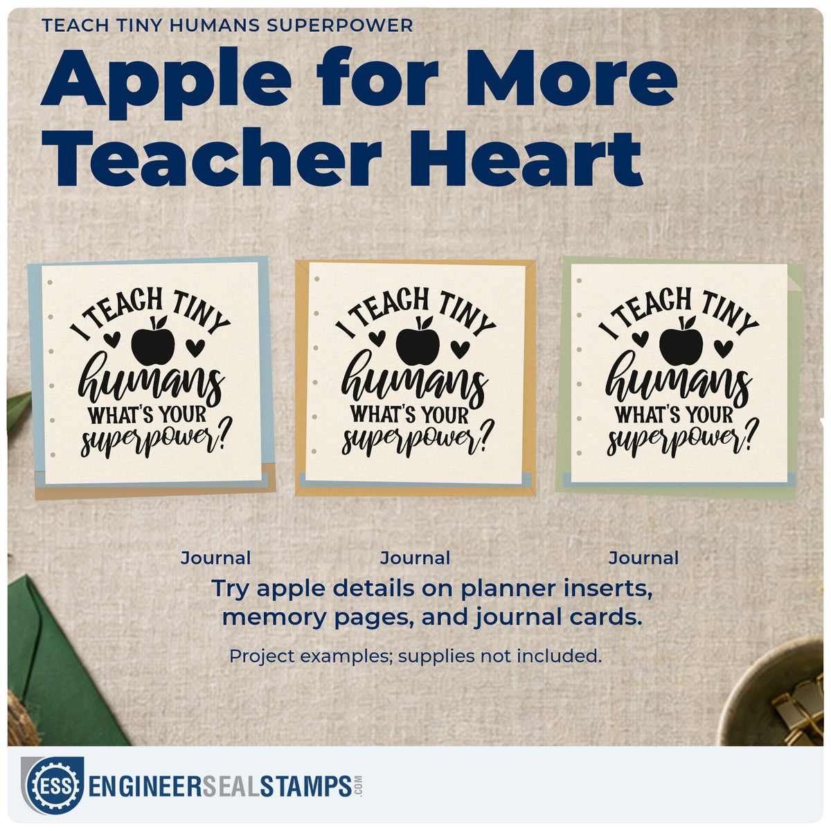 Three project examples made with the I Teach Tiny Humans What's Your Superpower? PSI Pre-Inked Stamp, including dress up labels.