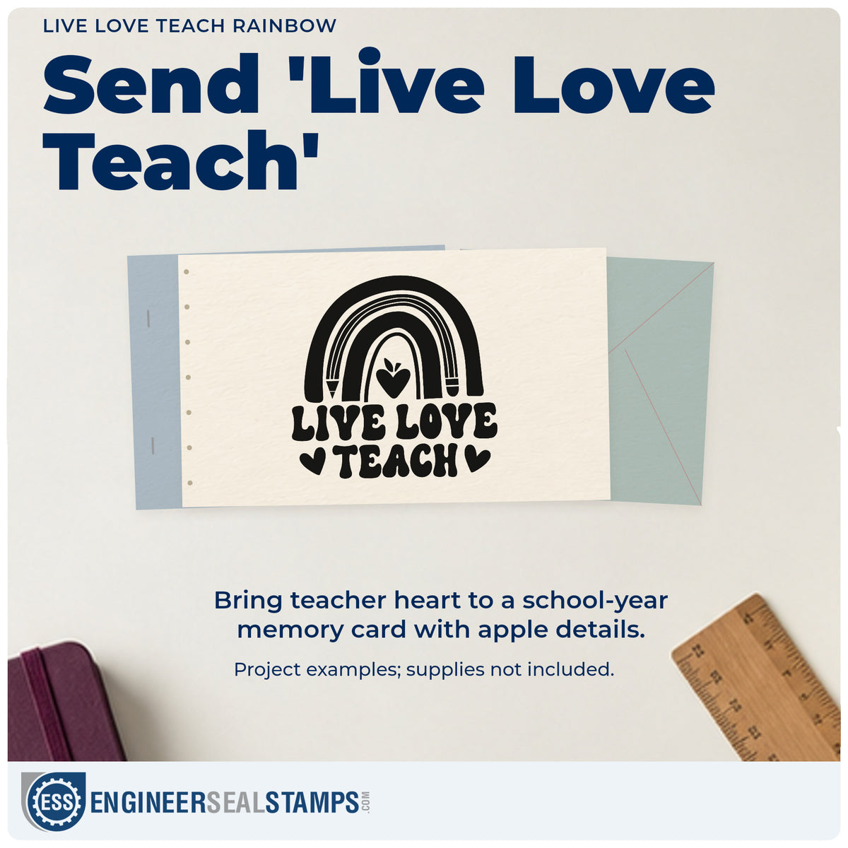 A finished handmade project stamped with the Live Love Teach Rainbow Pencil Wood Handle Stamp, ideal for color week tags.