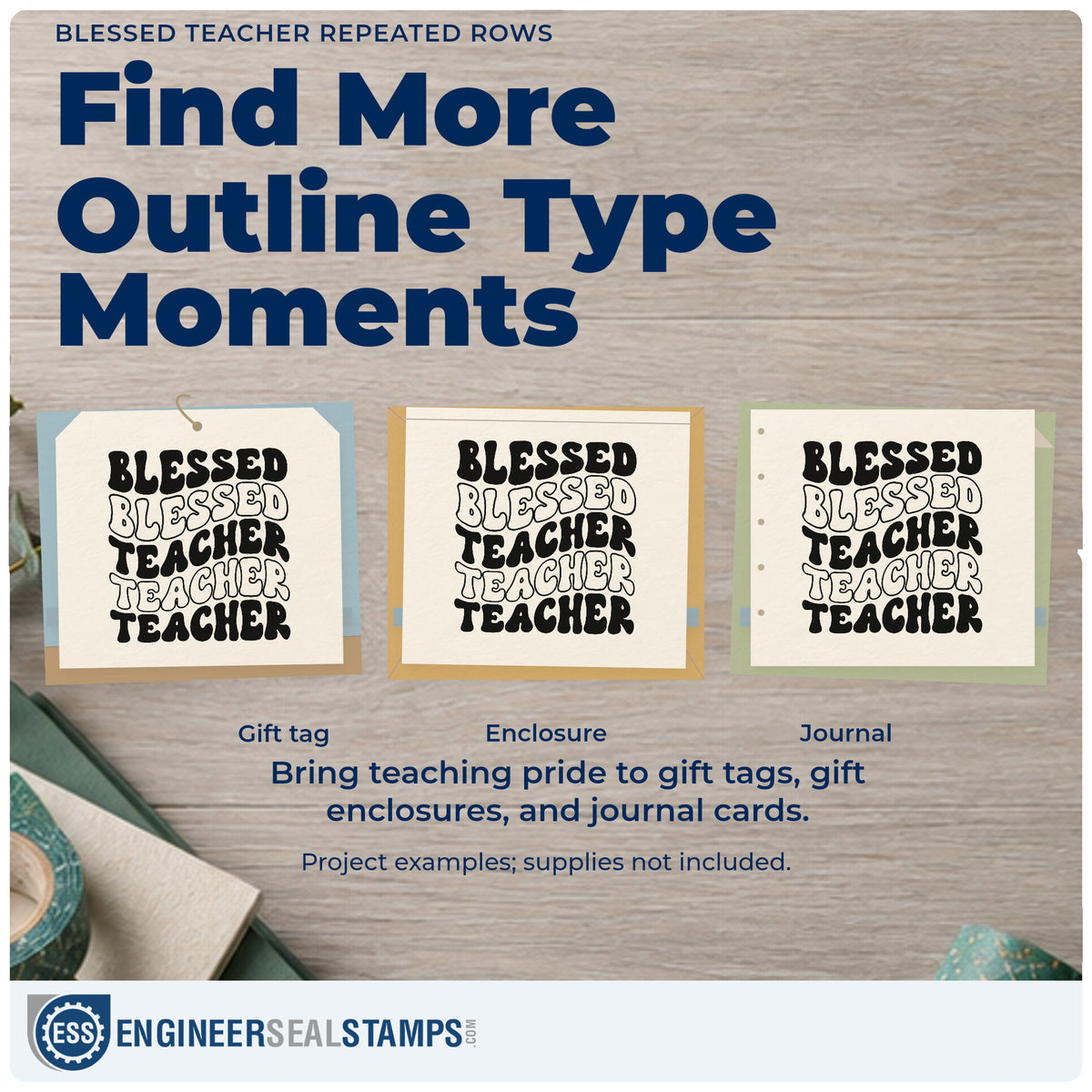 Three project examples made with the Blessed Teacher Repeated Rows Stamp – Slim Pre-Inked, including hymn shelf labels.