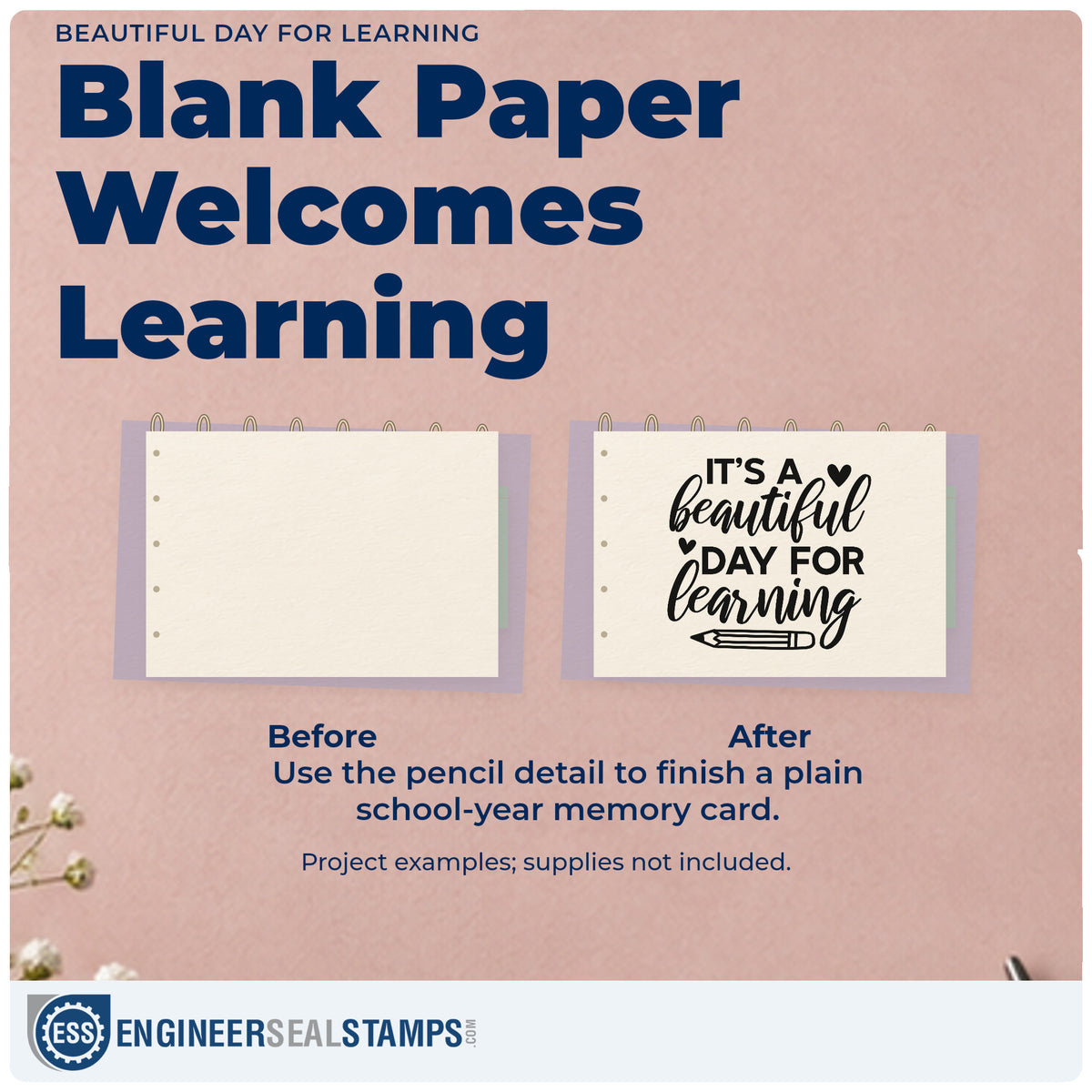 Before and after of a plain item finished with the Beautiful Day For Learning Pre-Inked Stamp – PSI, a quick upgrade for trip slip seals.