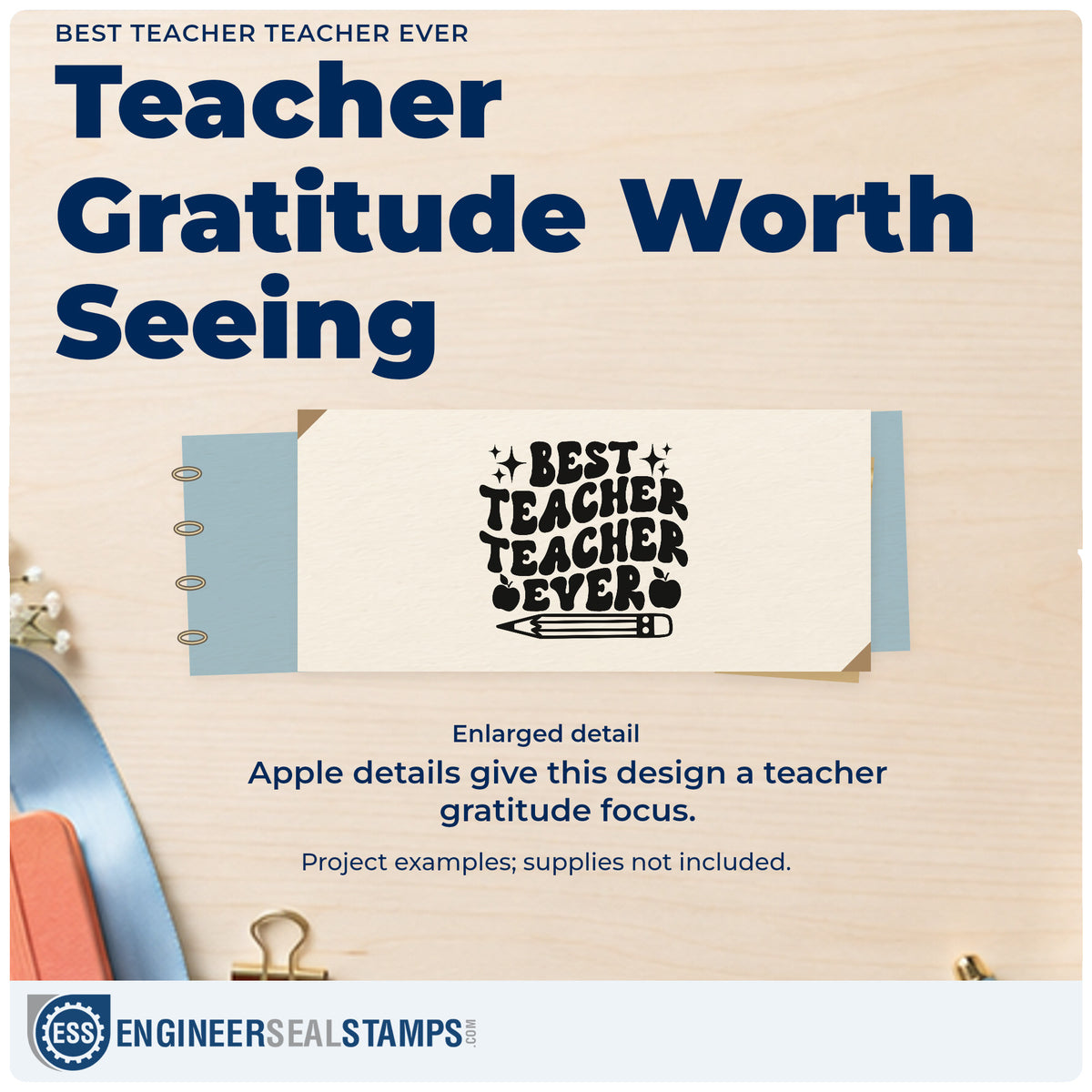 Enlarged detail of the Best Teacher Repeated Teacher Lettering Hand Stamp – Duo imprint. “Best Teacher Teacher Ever” appears with sparkles, apples, and a pencil.