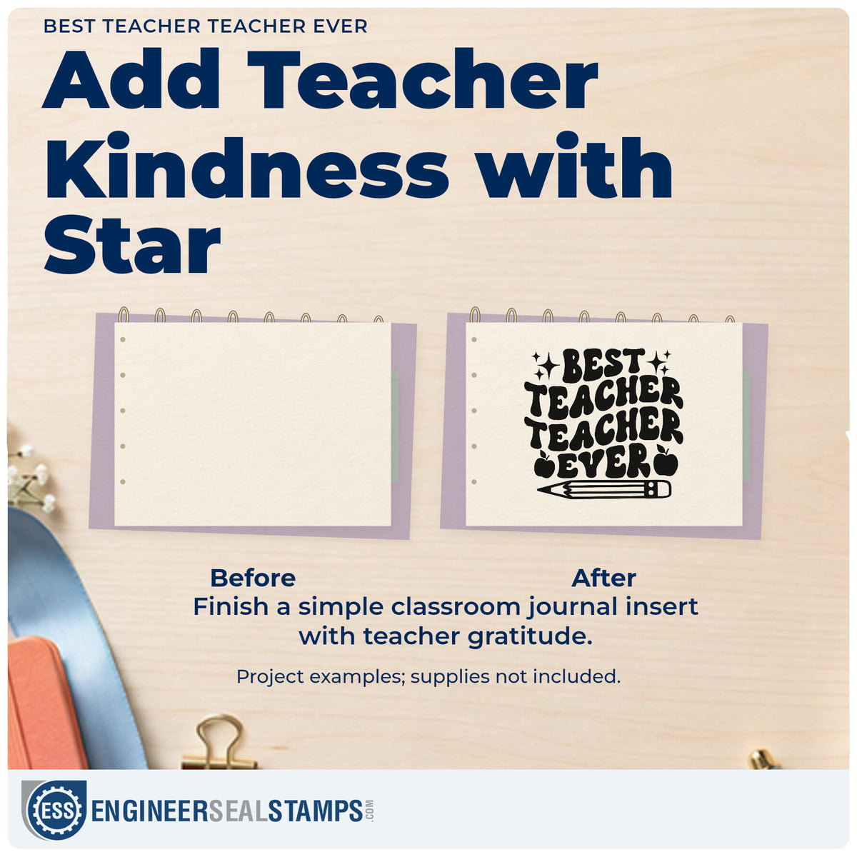 Before and after of a plain item finished with the Best Teacher Repeated Teacher Lettering Pre-Inked Stamp – Slim, a quick upgrade for envelope seals.