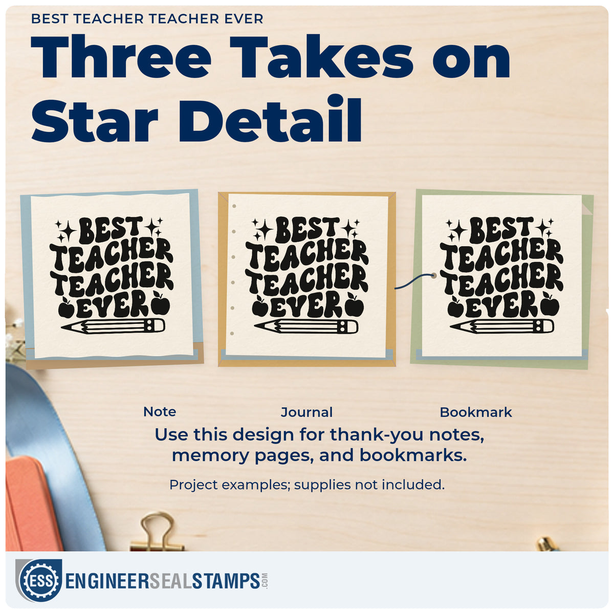 Three project examples made with the Best Teacher Repeated Teacher Lettering Hand Stamp – Duo, including trophy base labels.