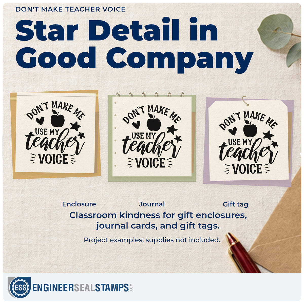 Three project examples made with the Don't Make Teacher Voice Pre-Inked Stamp – PSI, including quiet corner labels.