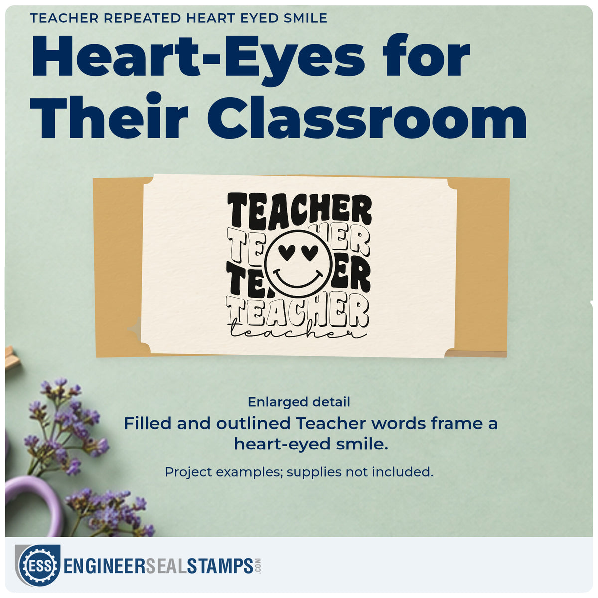 Enlarged detail of the Heart-Eyed Smile Teacher Repeats Duo Hand Stamp imprint. Repeated filled and outlined “Teacher” lettering surrounds a heart-eyed smiley face.