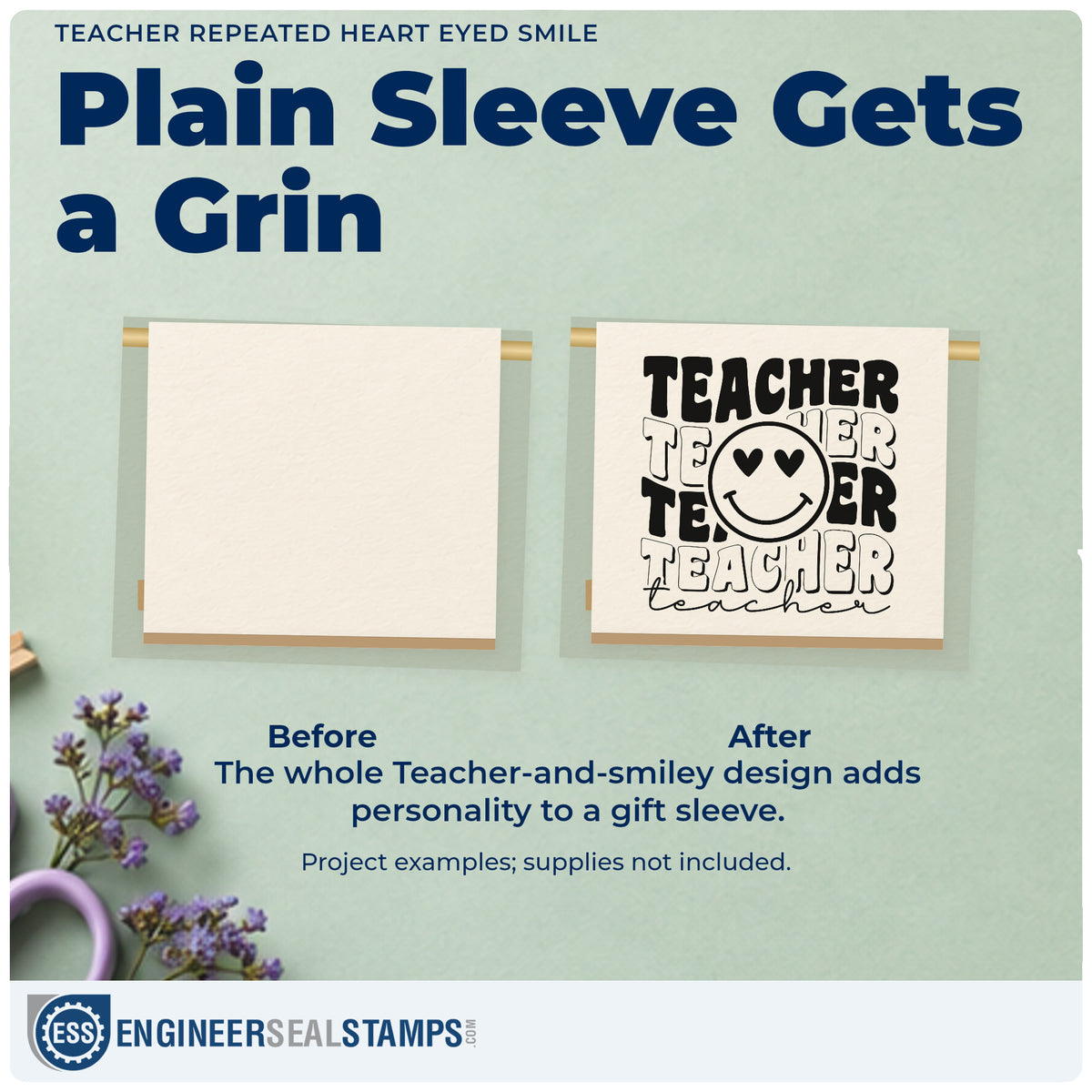 Before and after of a plain item finished with the Heart-Eyed Smile Teacher Repeats Stamp – Self-Inking, a quick upgrade for sticker roll seals.