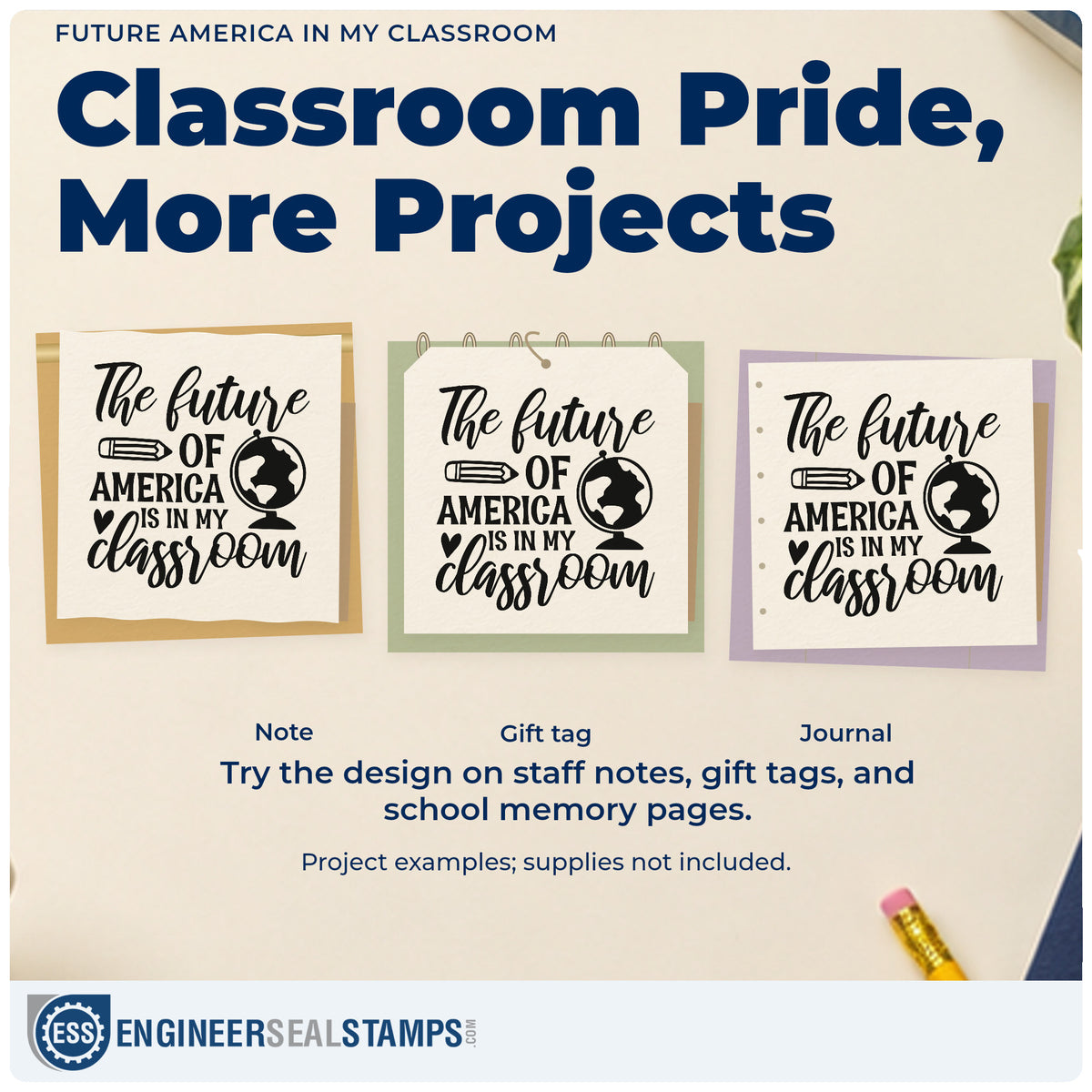 Three project examples made with the The Future Of America Is In My Classroom Wood Handle Stamp, including ballot crate labels.