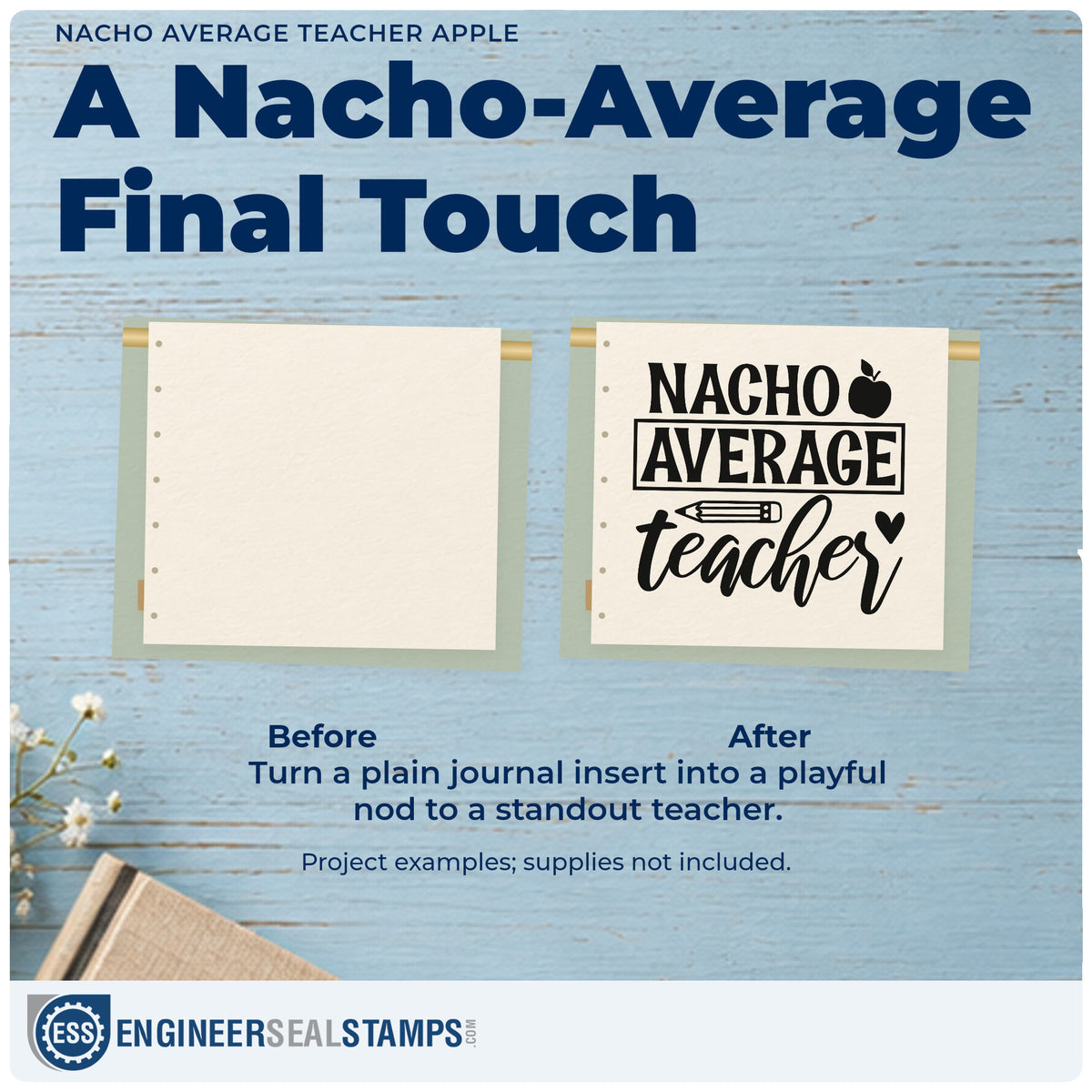 Before and after of a plain item finished with the Nacho Average Teacher Apple PSI Pre-Inked Stamp, a quick upgrade for answer fold seals.