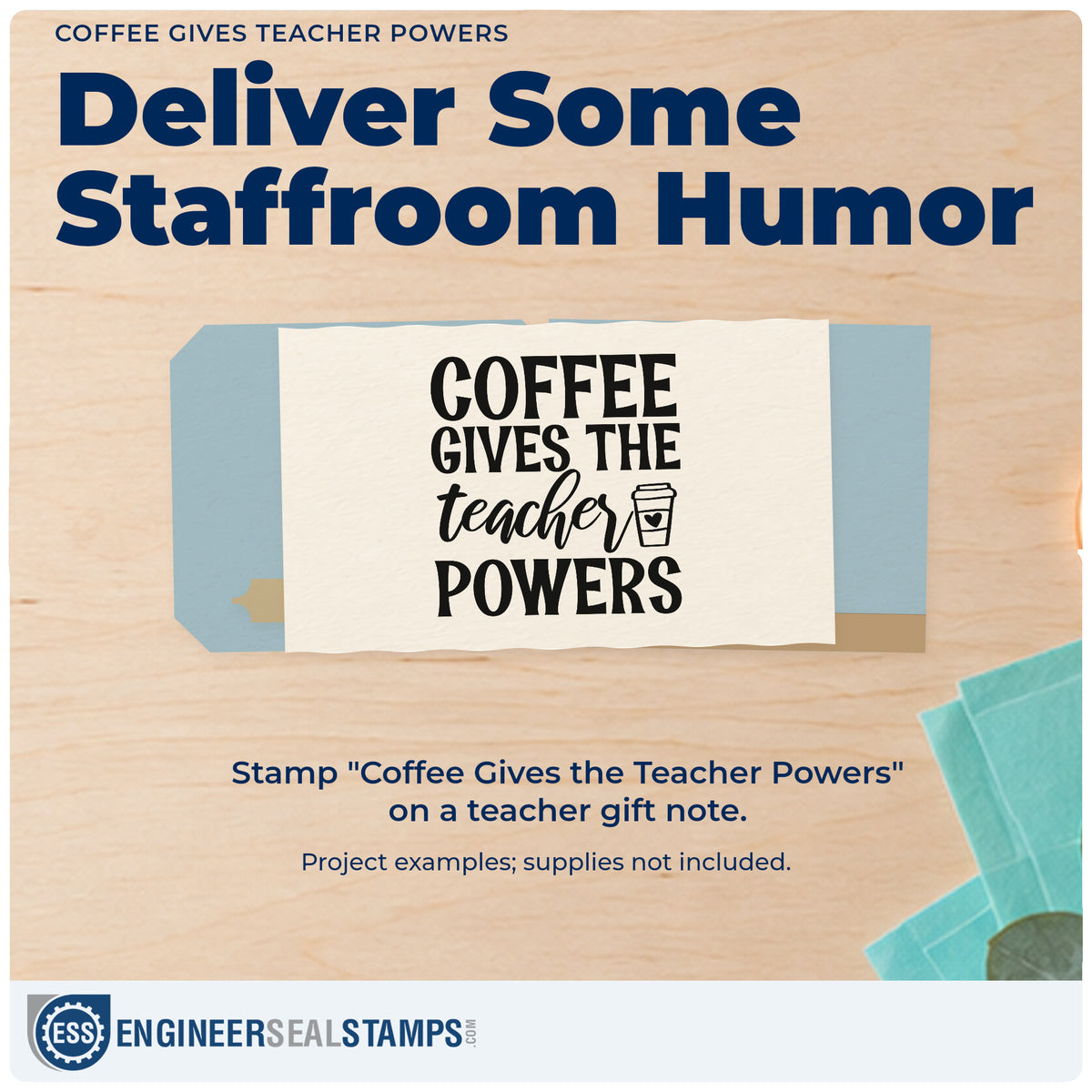 A finished handmade project stamped with the Coffee Gives The Teacher Powers Cup Stamp – PSI Pre-Inked, ideal for single serve tags.