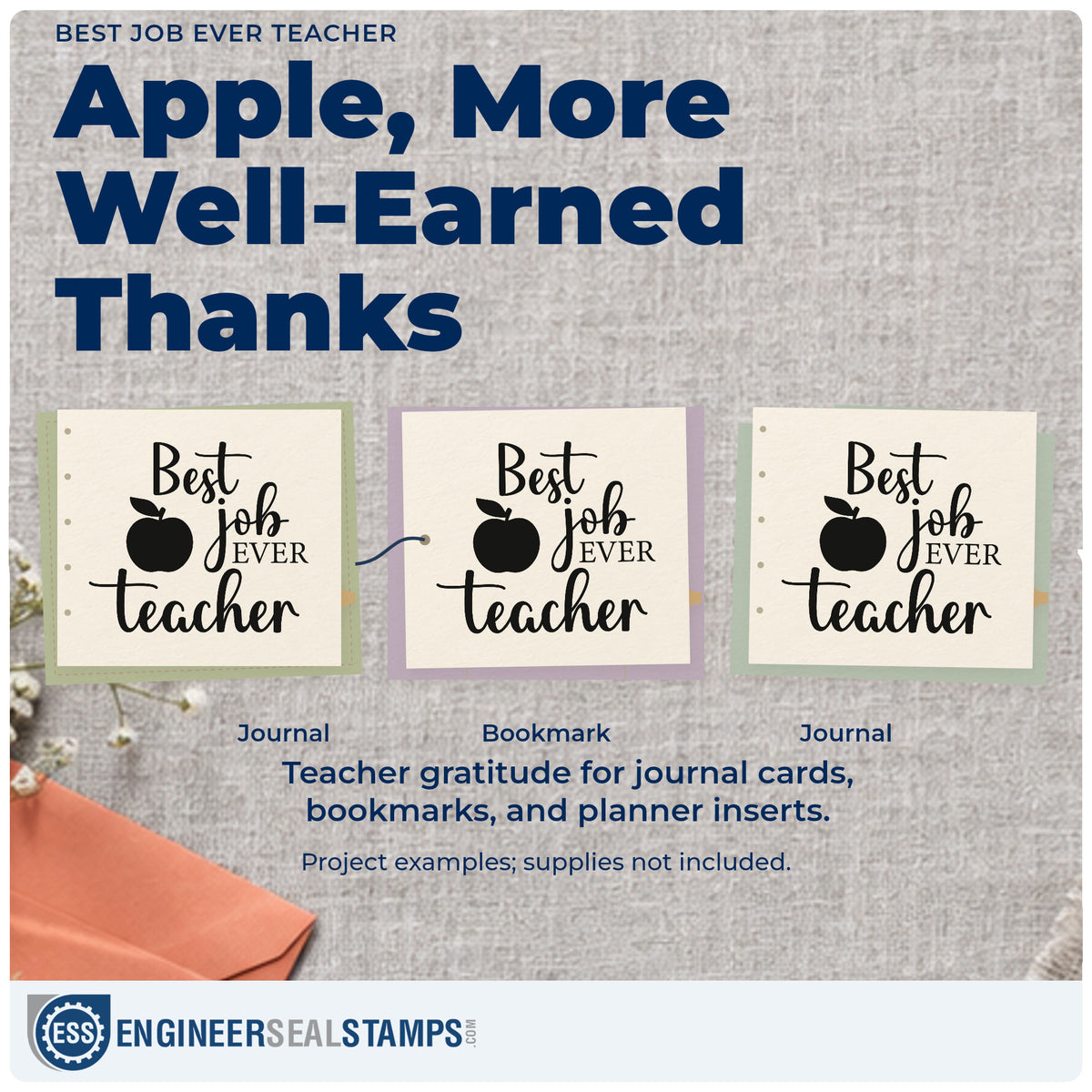 Three project examples made with the Best Job Ever Teacher Stamp – Slim Pre-Inked, including desk plaque labels.