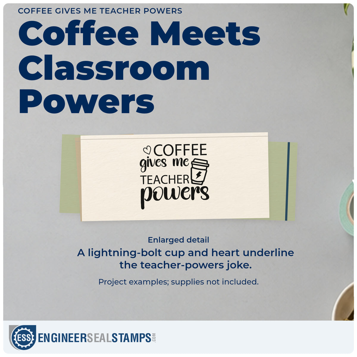 Enlarged detail of the Wood Handle Coffee Gives Me Teacher Powers Rubber Stamp imprint. “Coffee Gives Me Teacher Powers” features a takeaway cup with a lightning bolt and a heart.