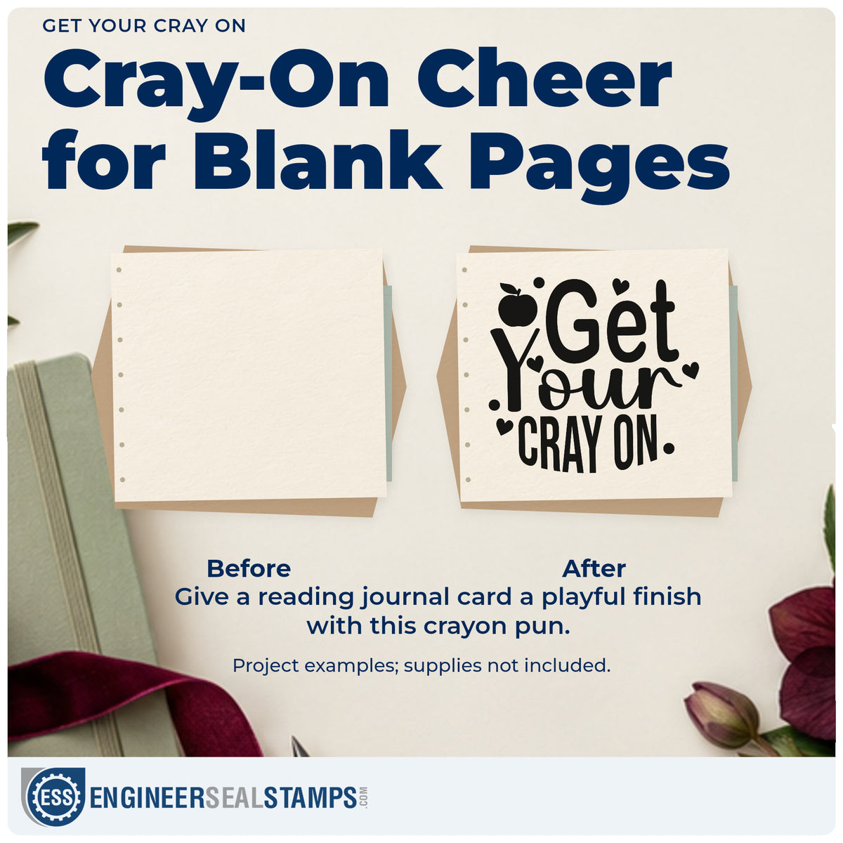 Before and after of a plain item finished with the Pre-Inked Get Your Cray On Stamp – PSI, a quick upgrade for art pack seals.