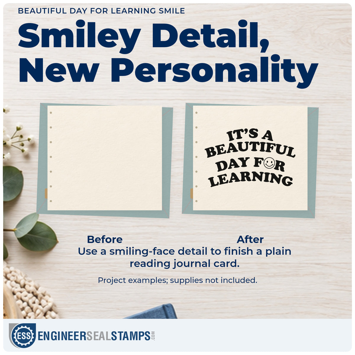 Before and after of a plain item finished with the Learning Day Smiley Lettering Duo Hand Stamp, a quick upgrade for postcard home seals.