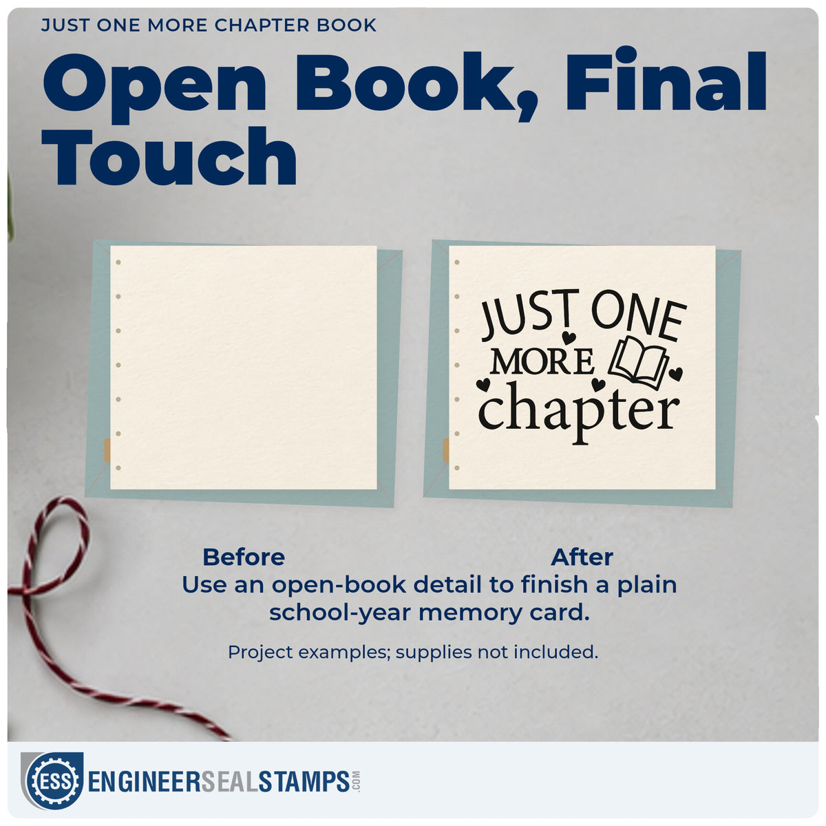 Before and after of a plain item finished with the Just One More Chapter Book Wood-Mounted Rubber Stamp, a quick upgrade for reading bag seals.