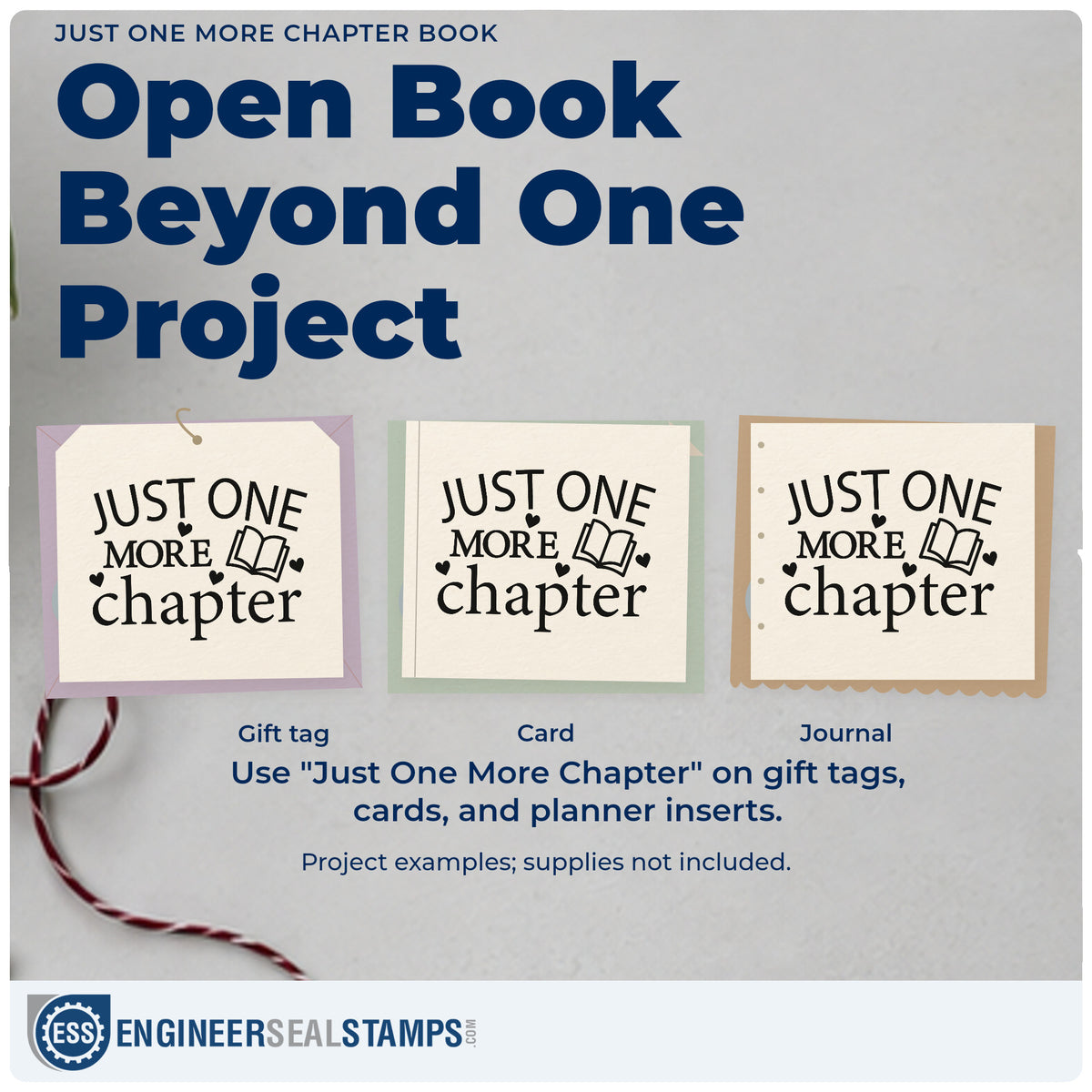 Three project examples made with the Just One More Chapter Book PSI Pre-Inked Stamp, including shelf slot labels.