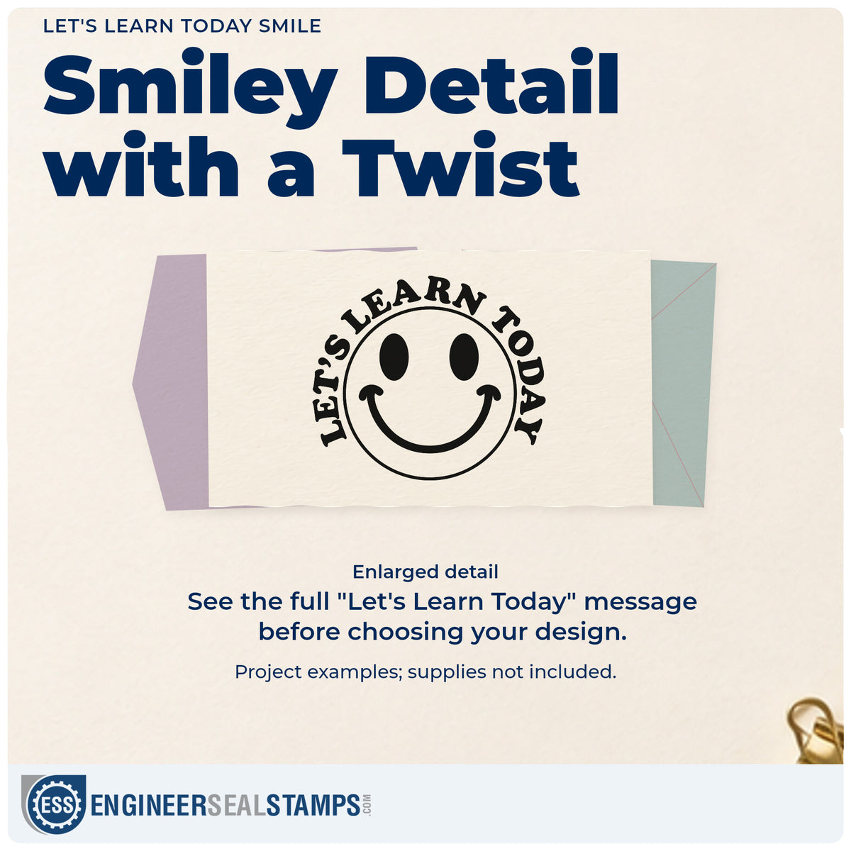 Enlarged detail of the Self-Inking Let's Learn Today Smile Stamp imprint. “Let's Learn Today” curves around a large smiling face.