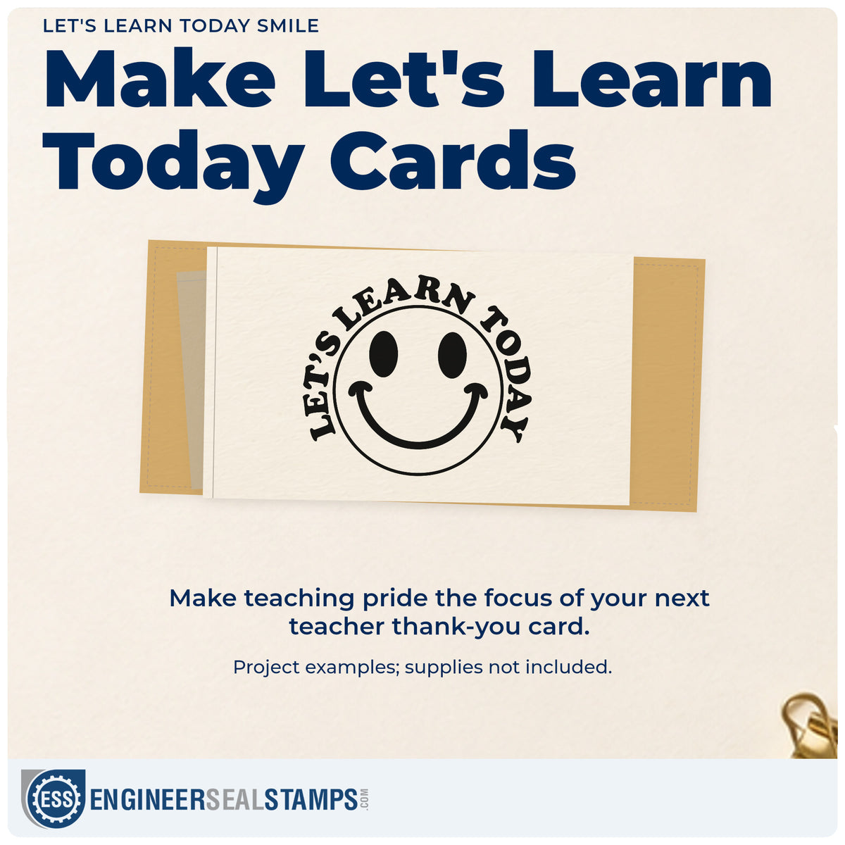 A finished handmade project stamped with the Let's Learn Today Smile Slim Pre-Inked Stamp, ideal for welcome desk tags.