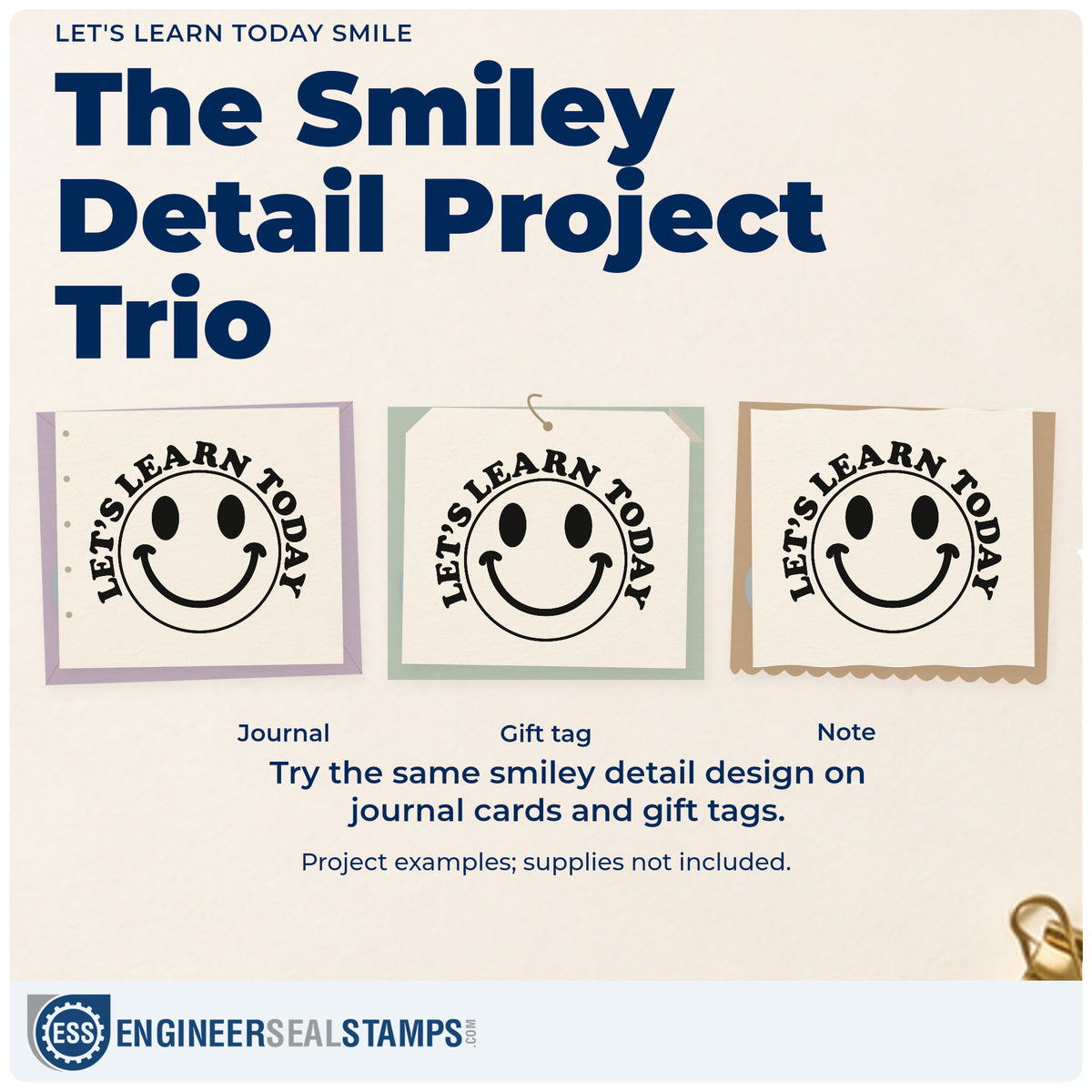 Three project examples made with the Self-Inking Let's Learn Today Smile Stamp, including coat peg labels.