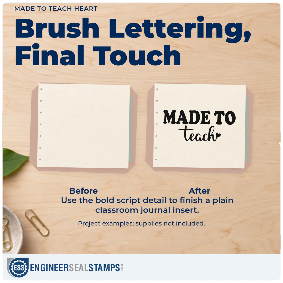 Before and after of a plain item finished with the Made To Teach Heart PSI Pre-Inked Stamp, a quick upgrade for offer letter seals.