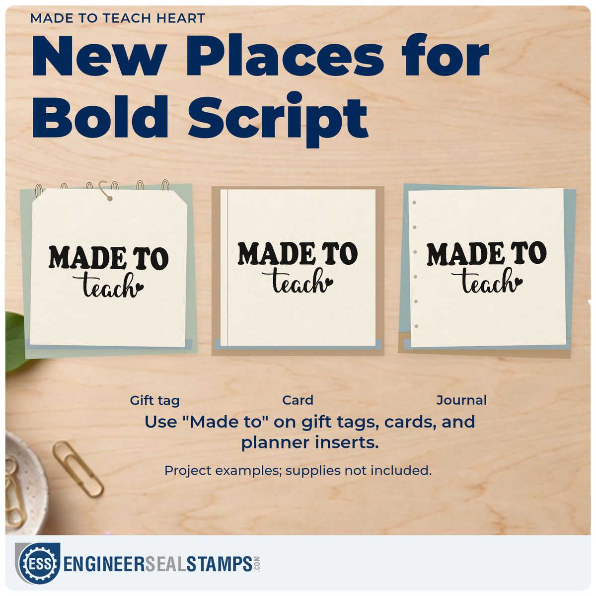 Three project examples made with the Made To Teach Heart Stamp – Self-Inking, including study shelf labels.