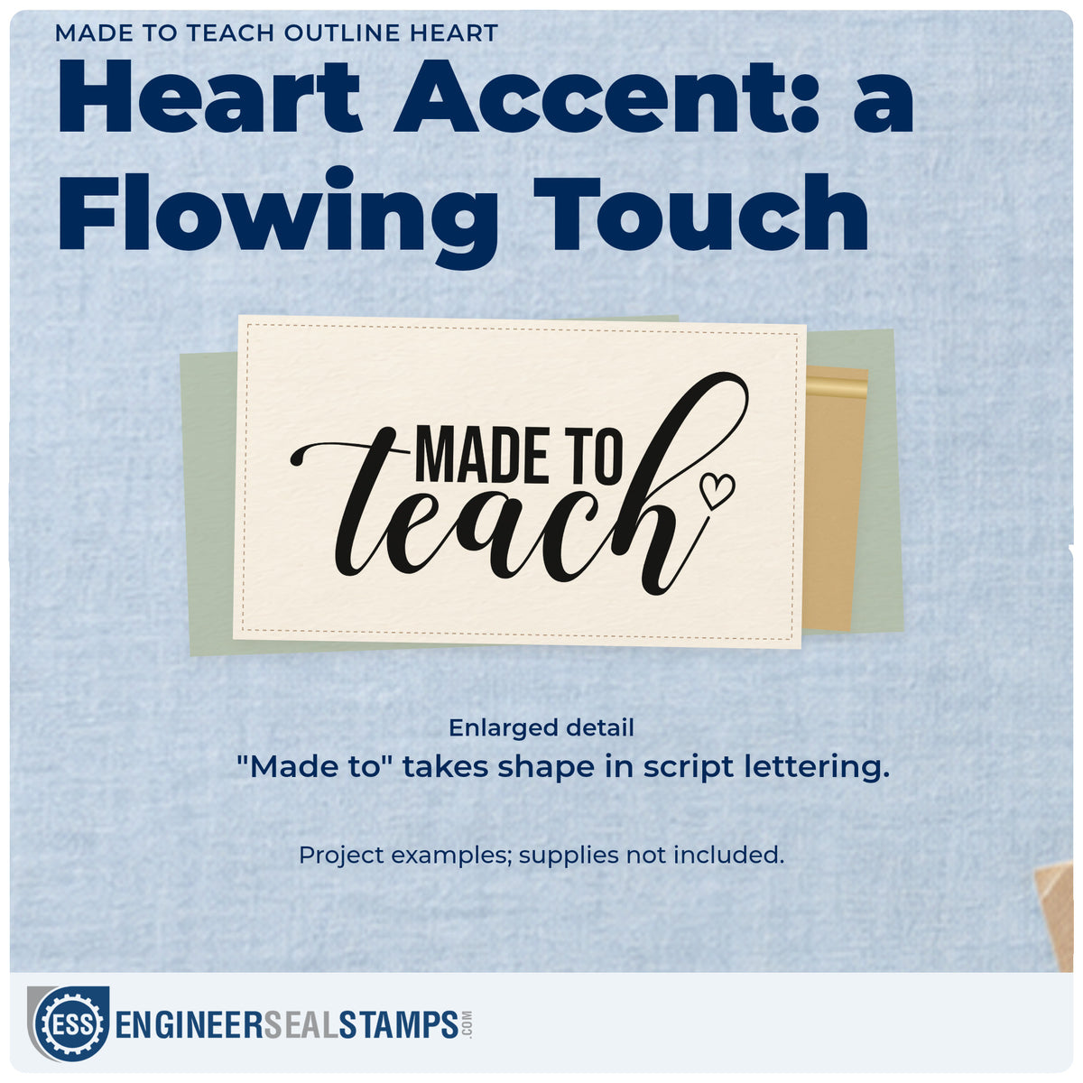 Enlarged detail of the Made To Teach Outline Heart Script Lettering Stamp – PSI Pre-Inked imprint. Small capitals “Made to” sit over large script “Teach” with an outlined heart.