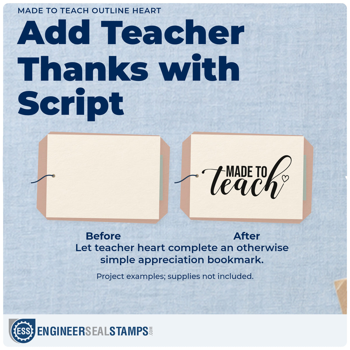 Before and after of a plain item finished with the Made To Teach Outline Heart Script Lettering Self-Inking Stamp, a quick upgrade for card blank seals.