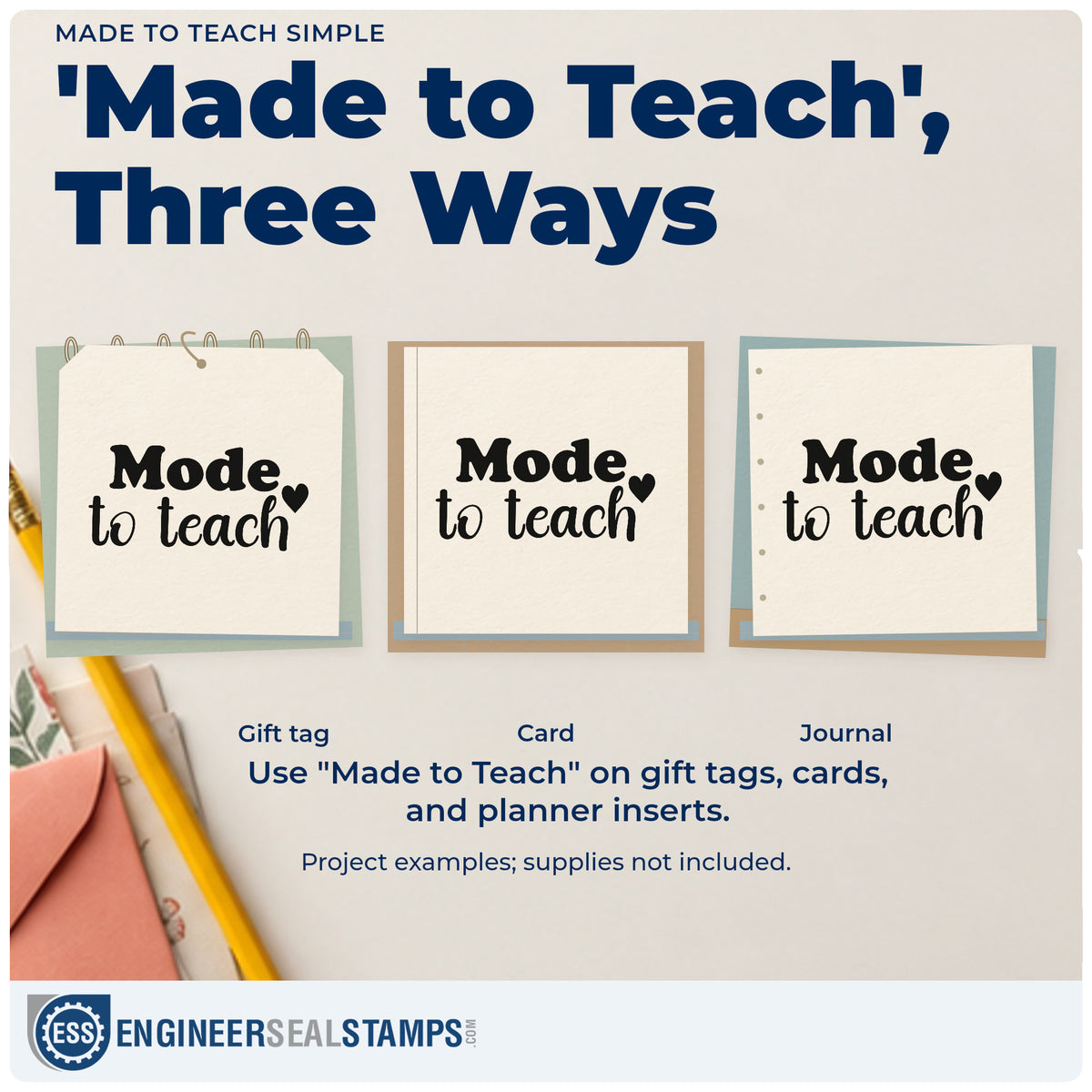 Three project examples made with the Made To Teach Simple Stamp – Slim Pre-Inked, including ink pad labels.