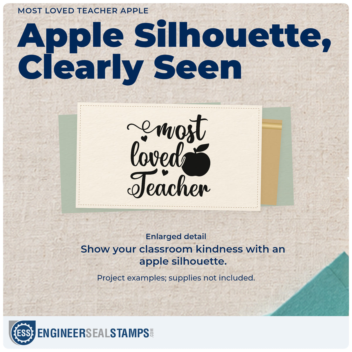 Enlarged detail of the Most Loved Teacher Apple Pre-Inked Stamp – PSI imprint. “Most Loved Teacher” features a large apple and small hearts.