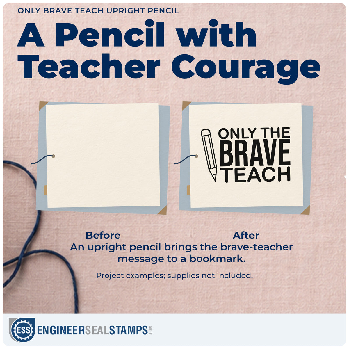 Before and after of a plain item finished with the Only Brave Teach Upright Pencil Slim Pre-Inked Stamp, a quick upgrade for tube cap seals.