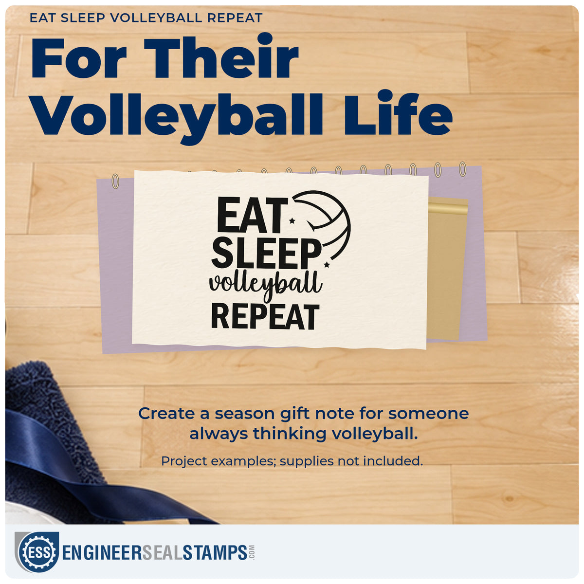 A finished handmade project stamped with the Eat Sleep Volleyball Repeat With Stars Self-Inking Craft Stamp, ideal for kit bag tags.