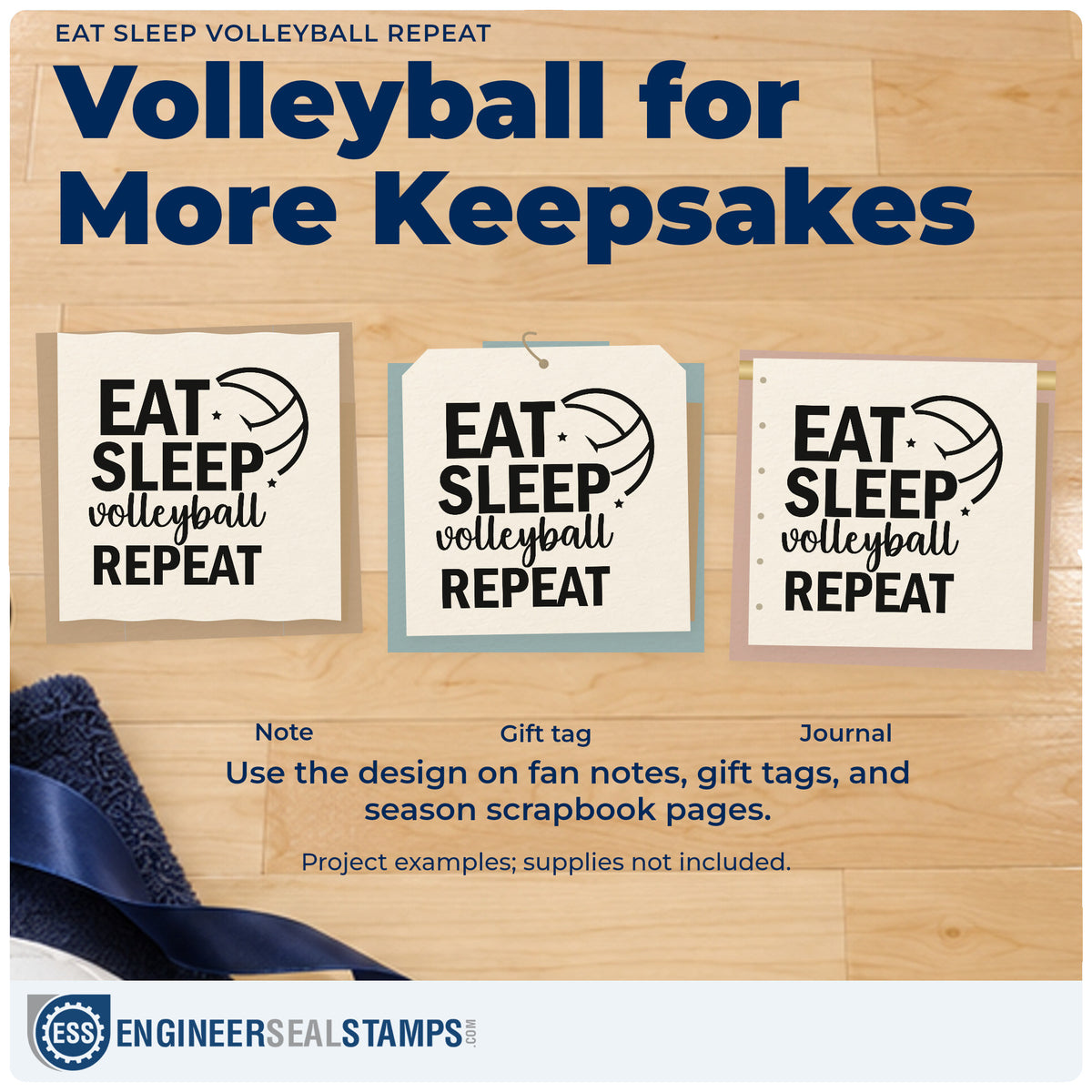 Three project examples made with the Eat Sleep Volleyball Repeat With Stars Rubber Stamp – Duo Hand, including knee pad labels.