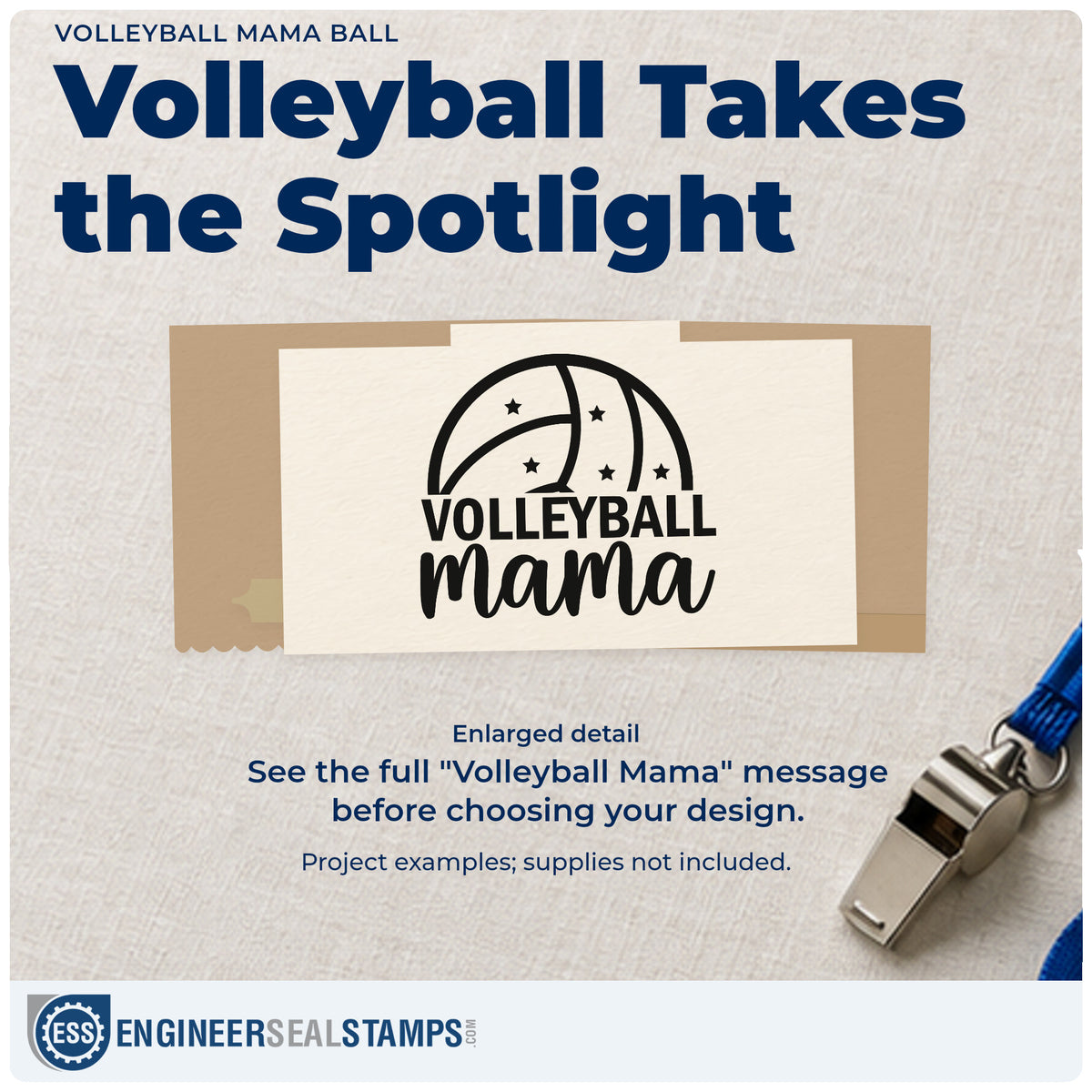 Enlarged detail of the Volleyball Mama Ball PSI Pre-Inked Stamp imprint. “Volleyball Mama” sits below a partial volleyball dotted with stars.
