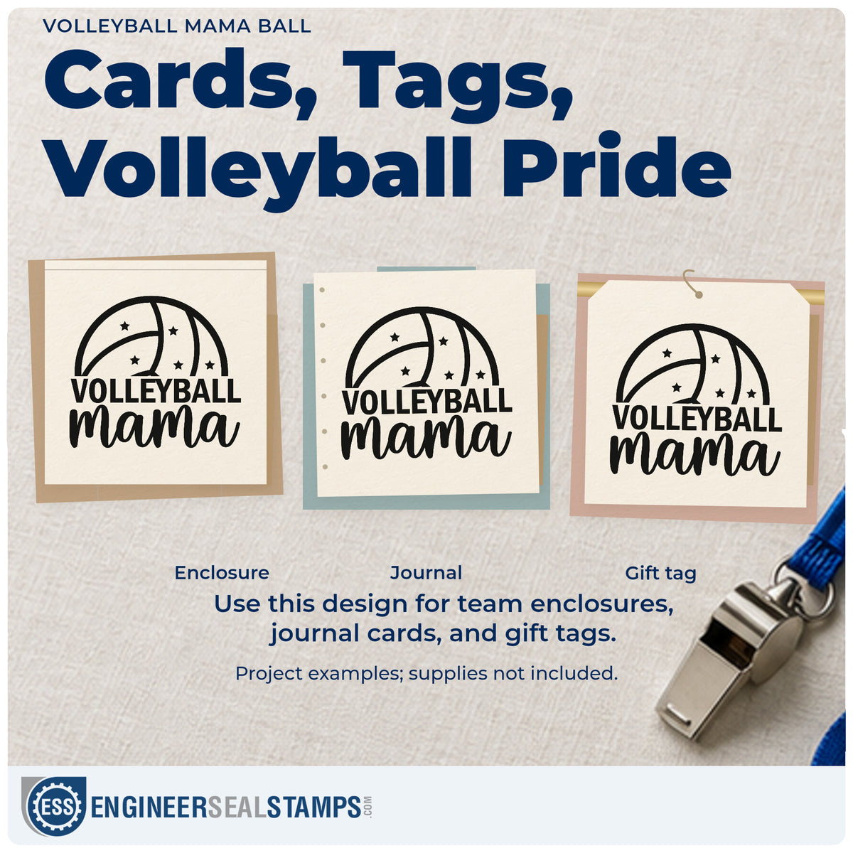Three project examples made with the Volleyball Mama Ball PSI Pre-Inked Stamp, including snack bin labels.