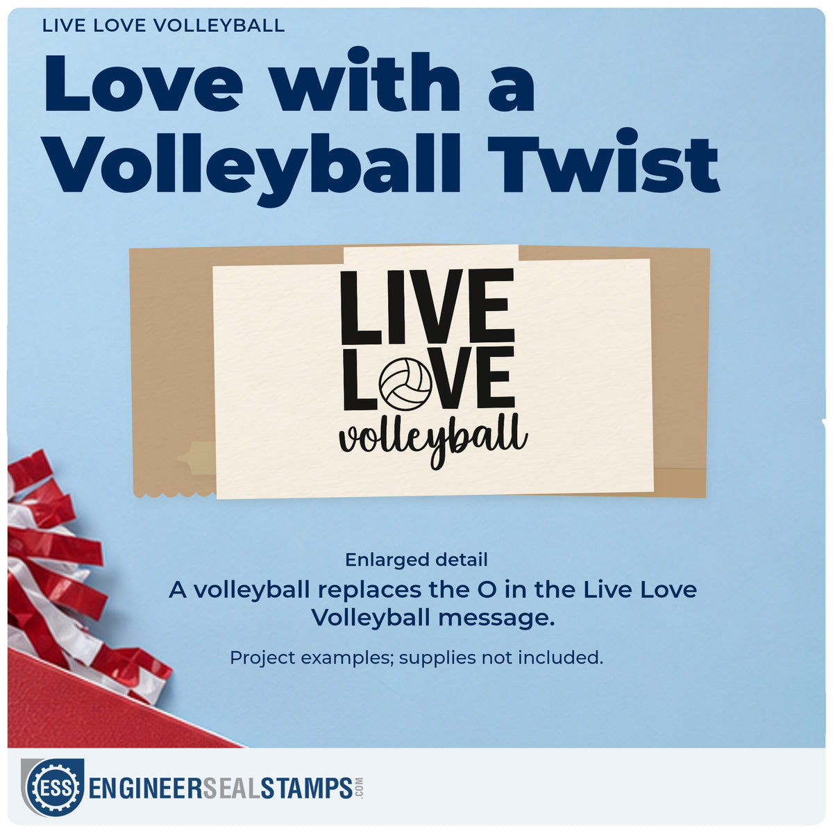 Enlarged detail of the Volleyball Live And Love Letter Art Pre-Inked Stamp – PSI imprint. “Live Love Volleyball” replaces the O in “Love” with a volleyball.