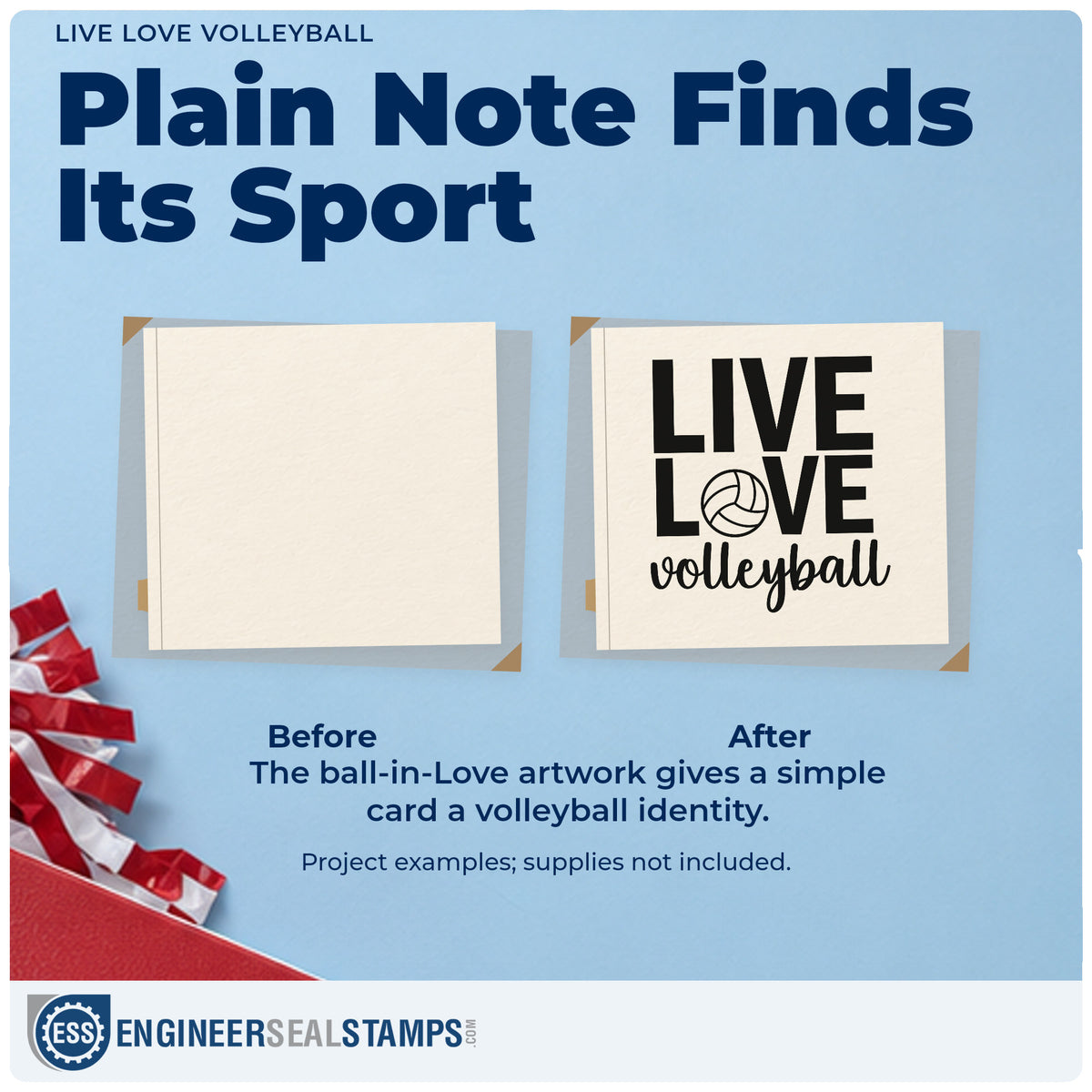 Before and after of a plain item finished with the Volleyball Live And Love Letter Art Rubber Stamp – Wood Handle, a quick upgrade for favor bag seals.