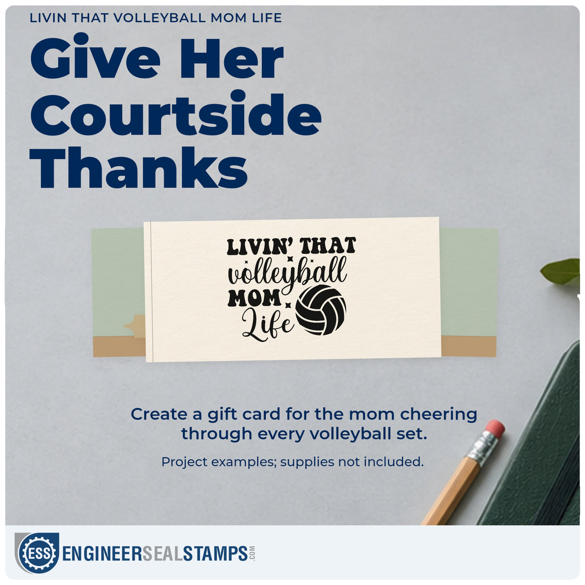 A finished handmade project stamped with the Livin That Volleyball Mom Life Rubber Stamp – Duo Hand, ideal for tournament tags.
