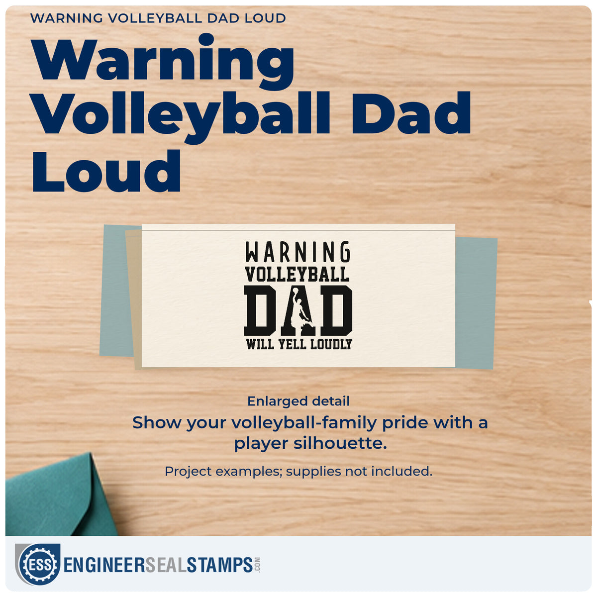 Enlarged detail of the Duo Hand Warning Volleyball Dad Loud Rubber Stamp imprint. “Warning Volleyball Dad Will Yell Loudly” incorporates a jumping player silhouette into “Dad.”
