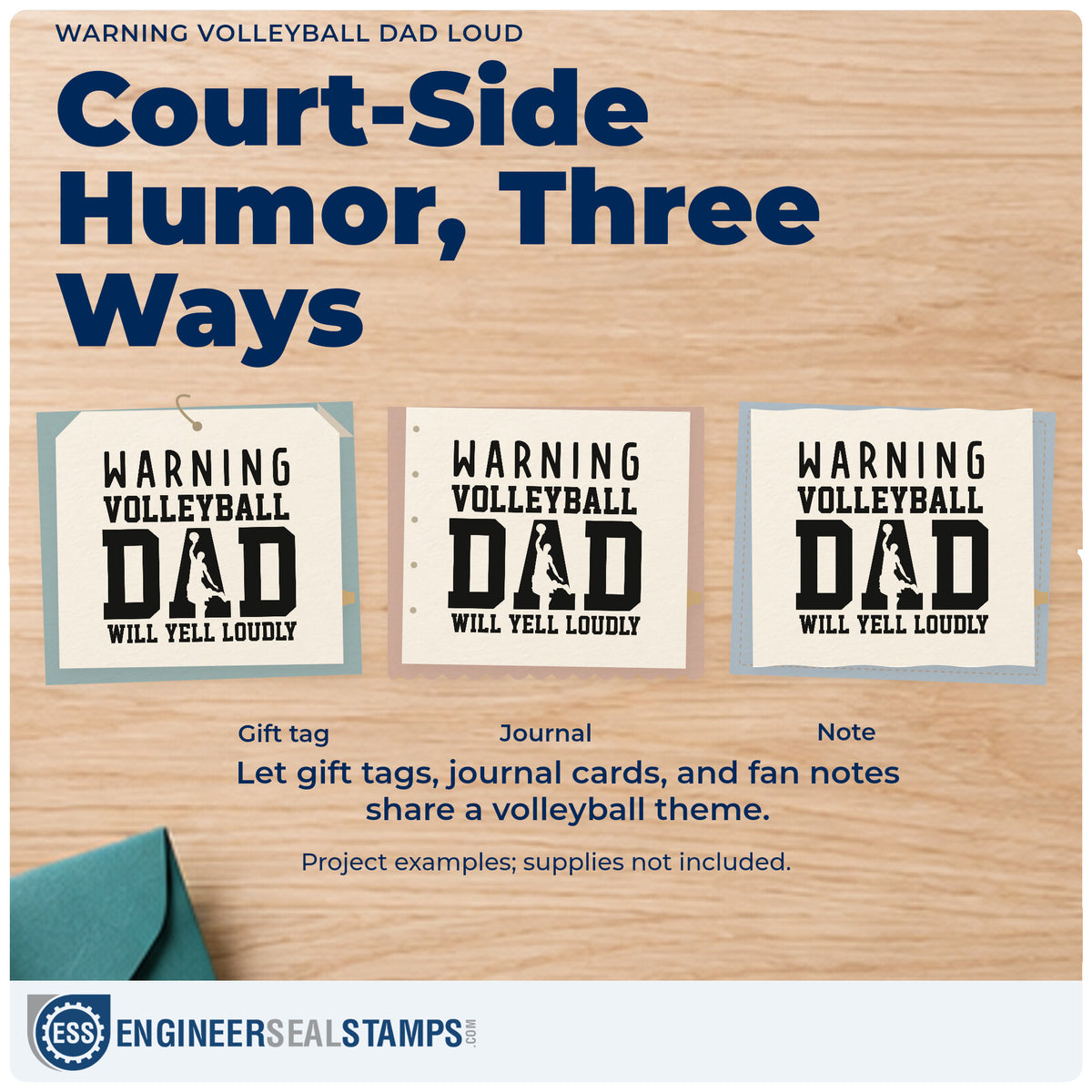 Three project examples made with the Warning Volleyball Dad Loud Slim Pre-Inked Stamp, including bleacher snack bags.