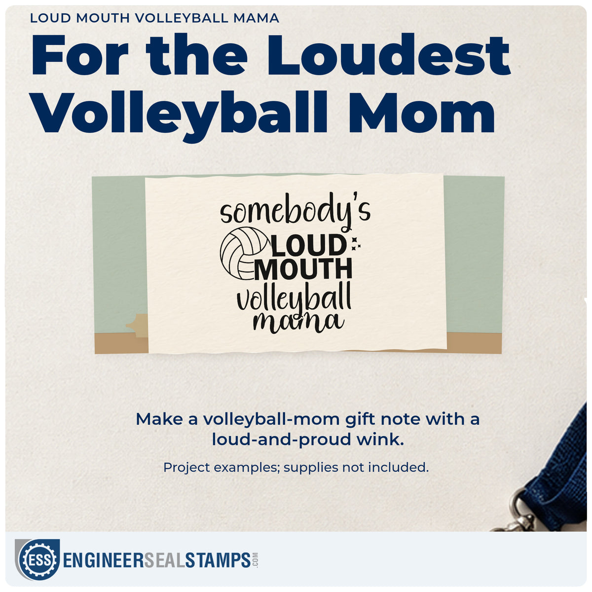 A finished handmade project stamped with the Somebody's Loud Mouth Volleyball Mama PSI Pre-Inked Stamp, ideal for cheer squad tags.