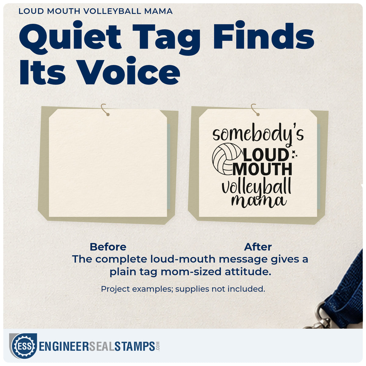 Before and after of a plain item finished with the Somebody's Loud Mouth Volleyball Mama Stamp – Self-Inking, a quick upgrade for ticket roll seals.