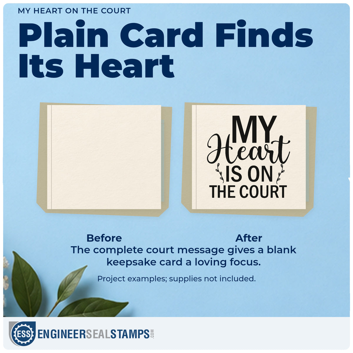 Before and after of a plain item finished with the My Heart On The Court Self-Inking Stamp, a quick upgrade for scholarship seals.