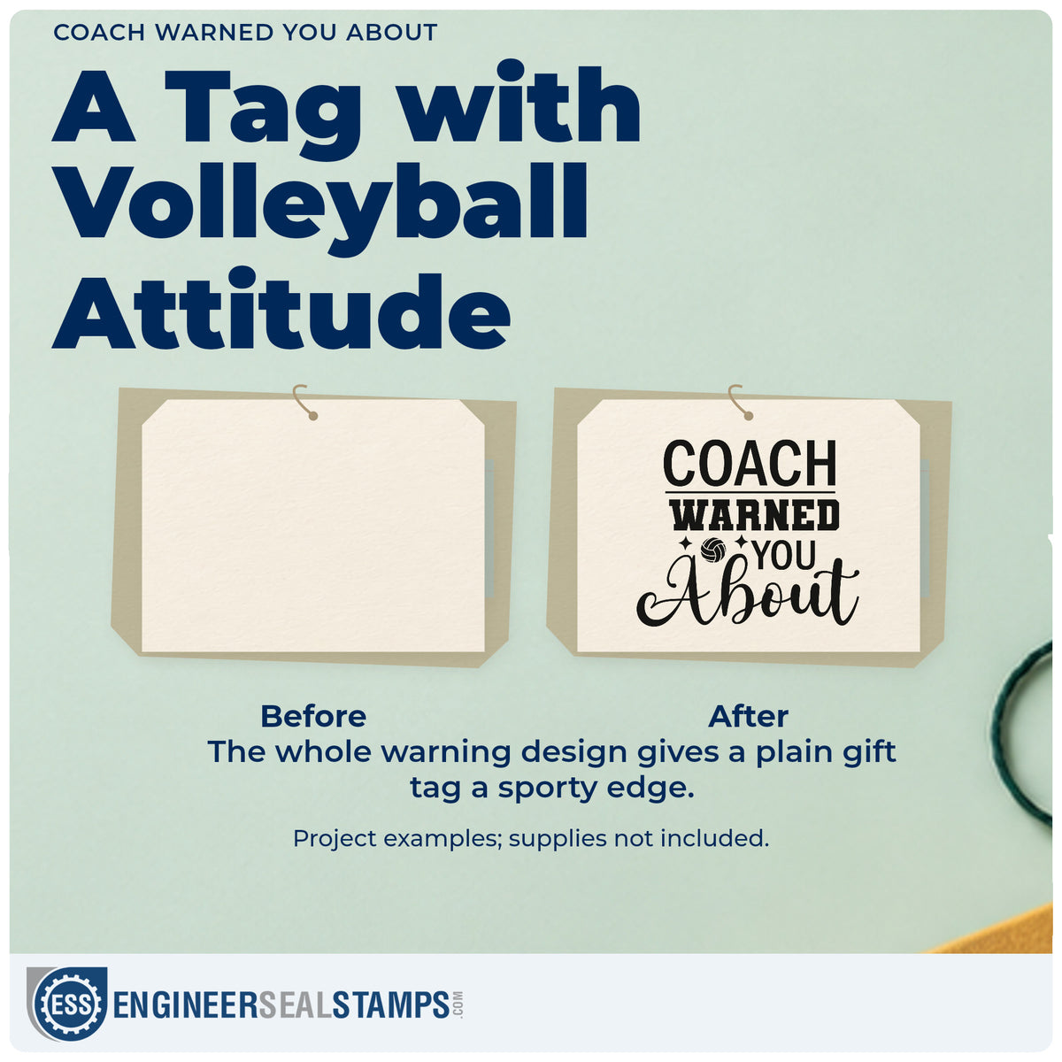 Before and after of a plain item finished with the Volleyball Coach Warned You About Craft Stamp – Self-Inking, a quick upgrade for roster fold seals.