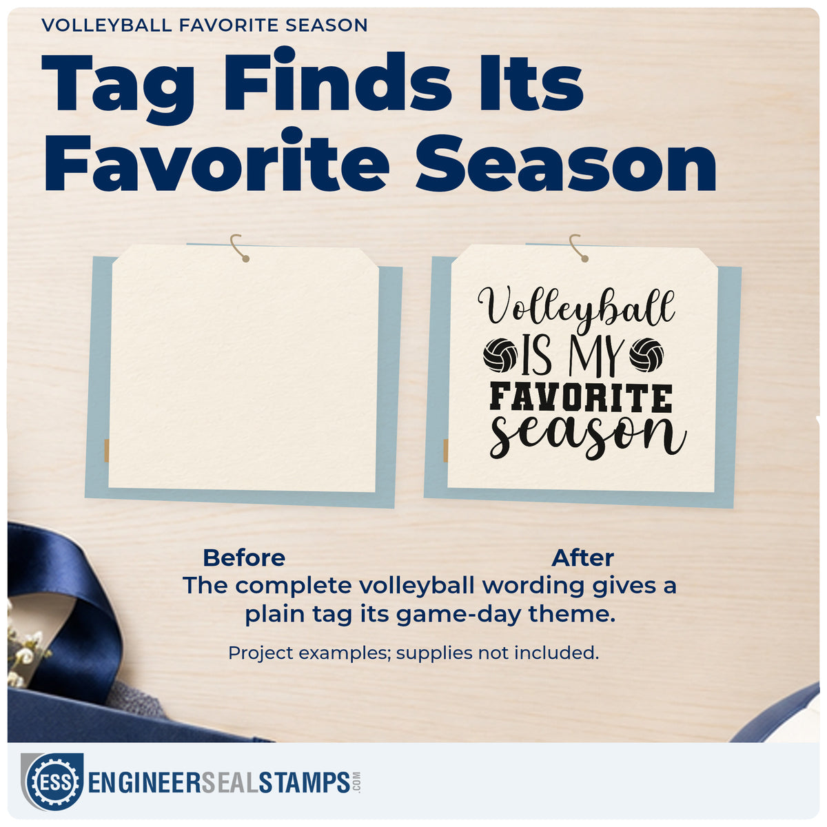 Before and after of a plain item finished with the Volleyball Favorite Season Compact Pre-Inked Stamp – Slim, a quick upgrade for fixture pack seals.