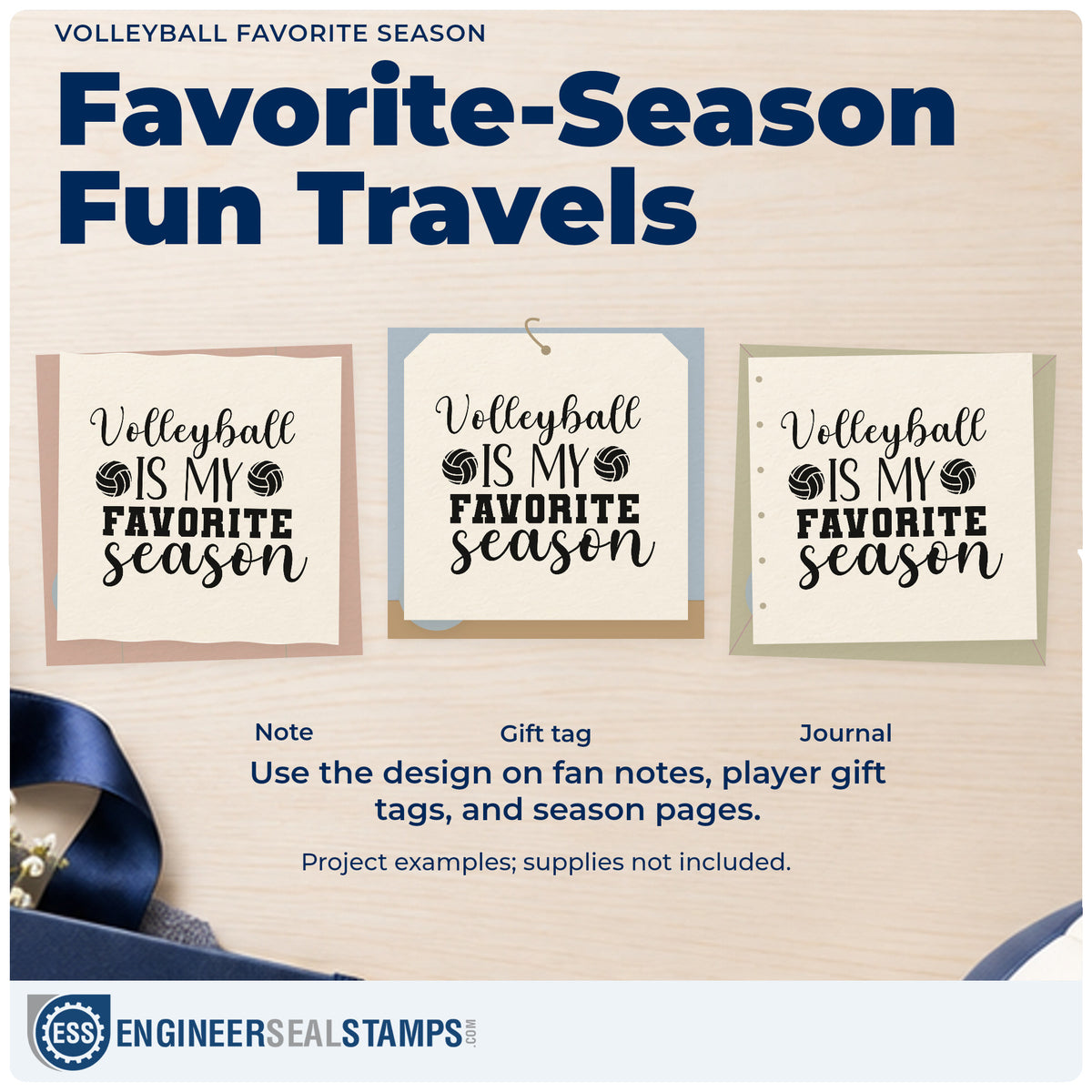 Three project examples made with the Volleyball Favorite Season PSI Pre-Inked Stamp, including gear crate labels.