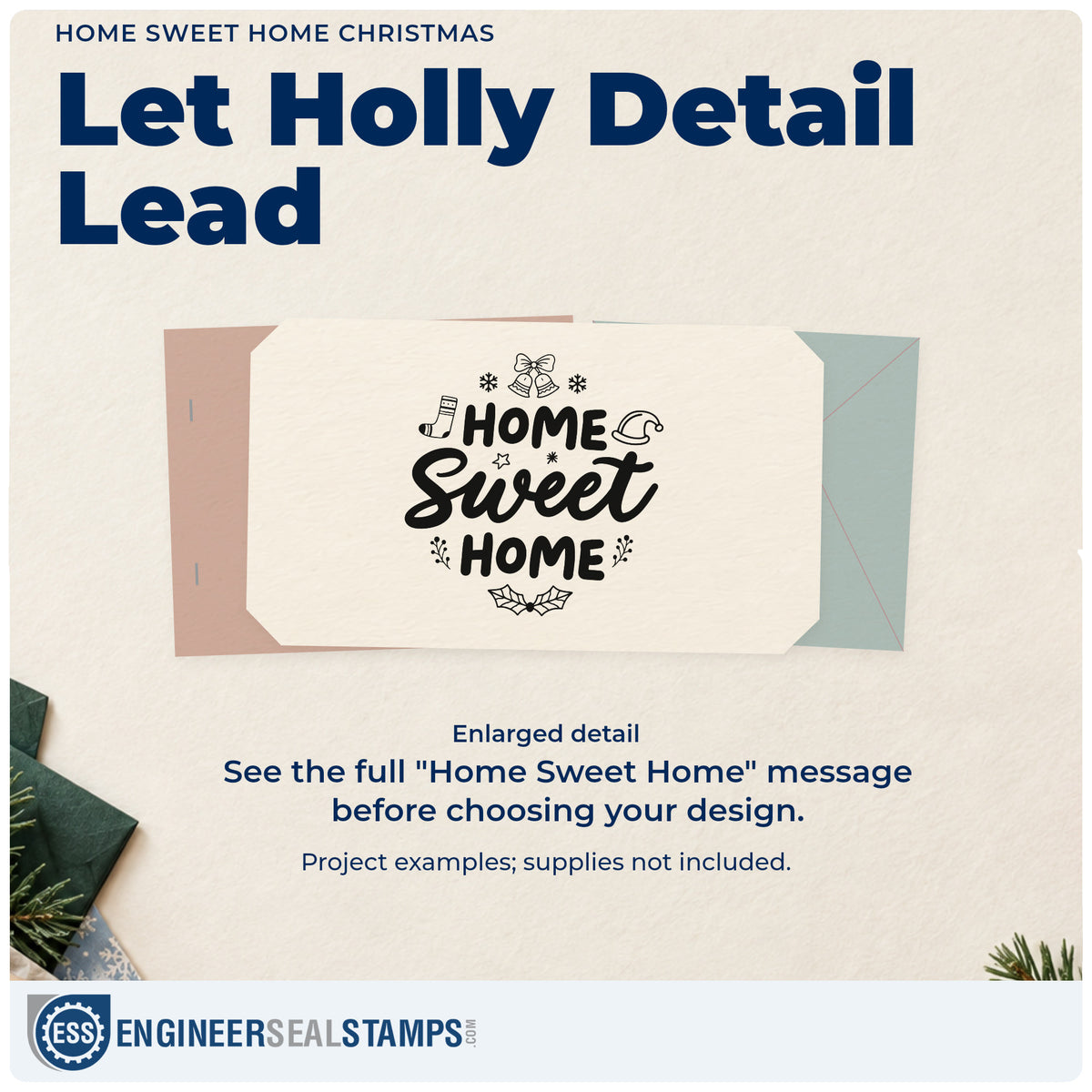 Enlarged detail of the Home Sweet Home Christmas Hand Stamp – Duo imprint. “Home Sweet Home” features holiday hats, a stocking, bells, snowflakes, and holly.