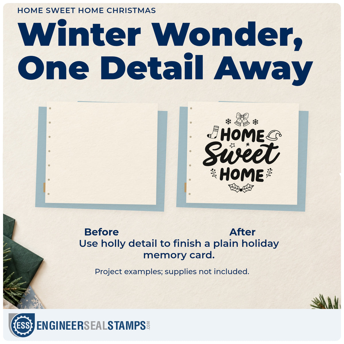 Before and after of a plain item finished with the Home Sweet Home Christmas Hand Stamp – Duo, a quick upgrade for hamper lid seals.