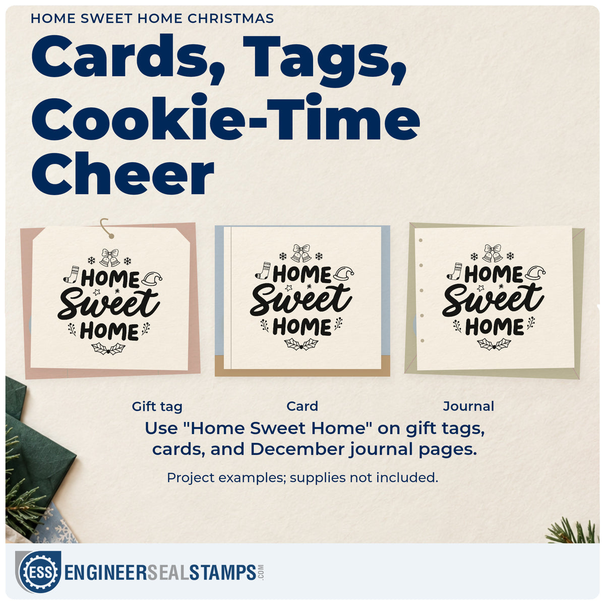 Three project examples made with the Home Sweet Home Christmas Self-Inking Stamp, including spice jar labels.